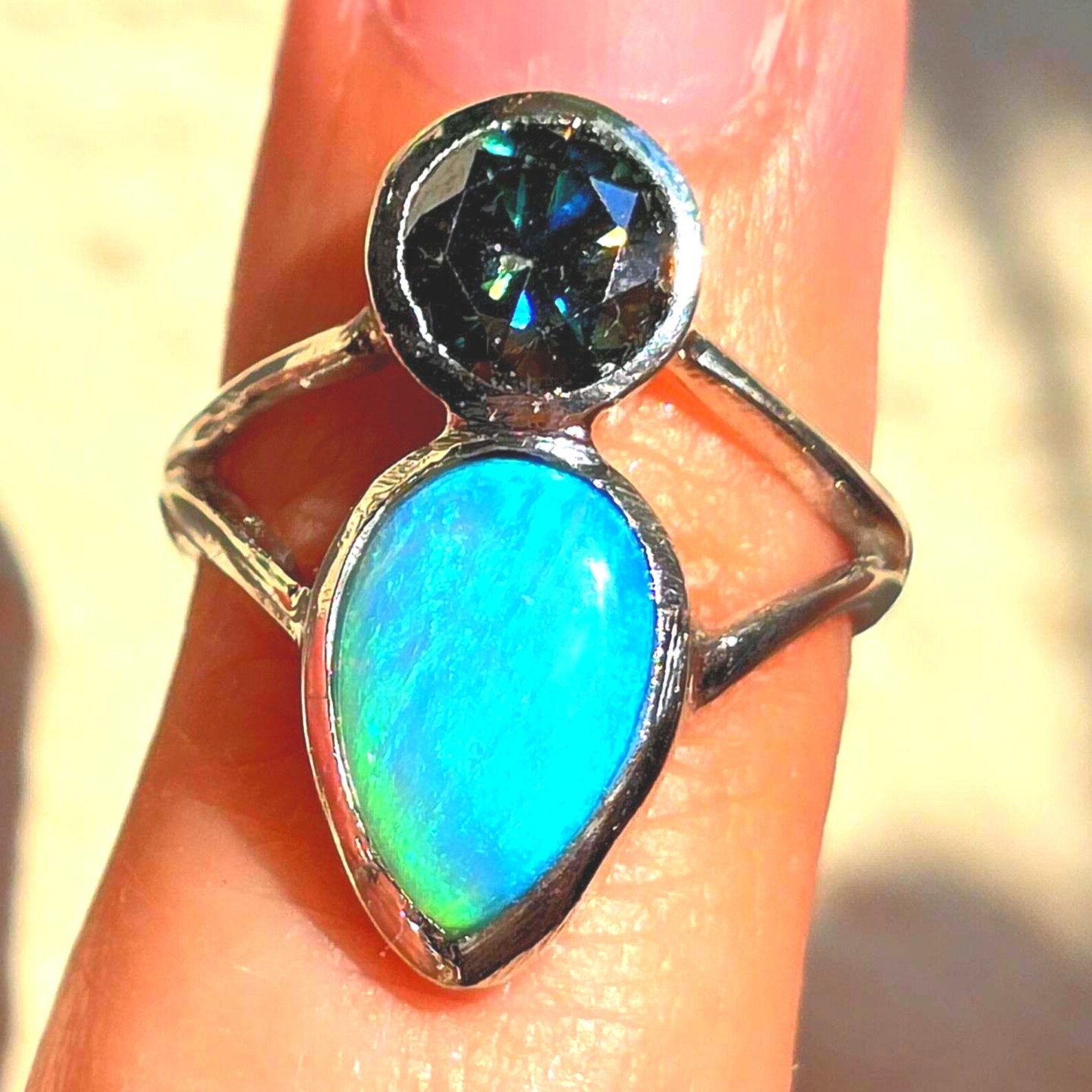 Natural Australian Opal Ring 925 Silver, Green Moissanite thumbnail 10