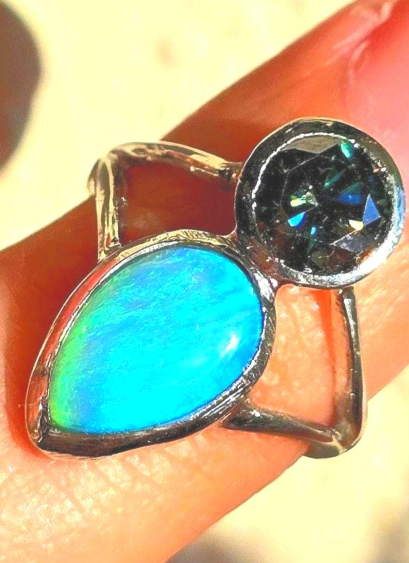 Natural Australian Opal Ring 925 Silver, Green Moissanite thumbnail 11