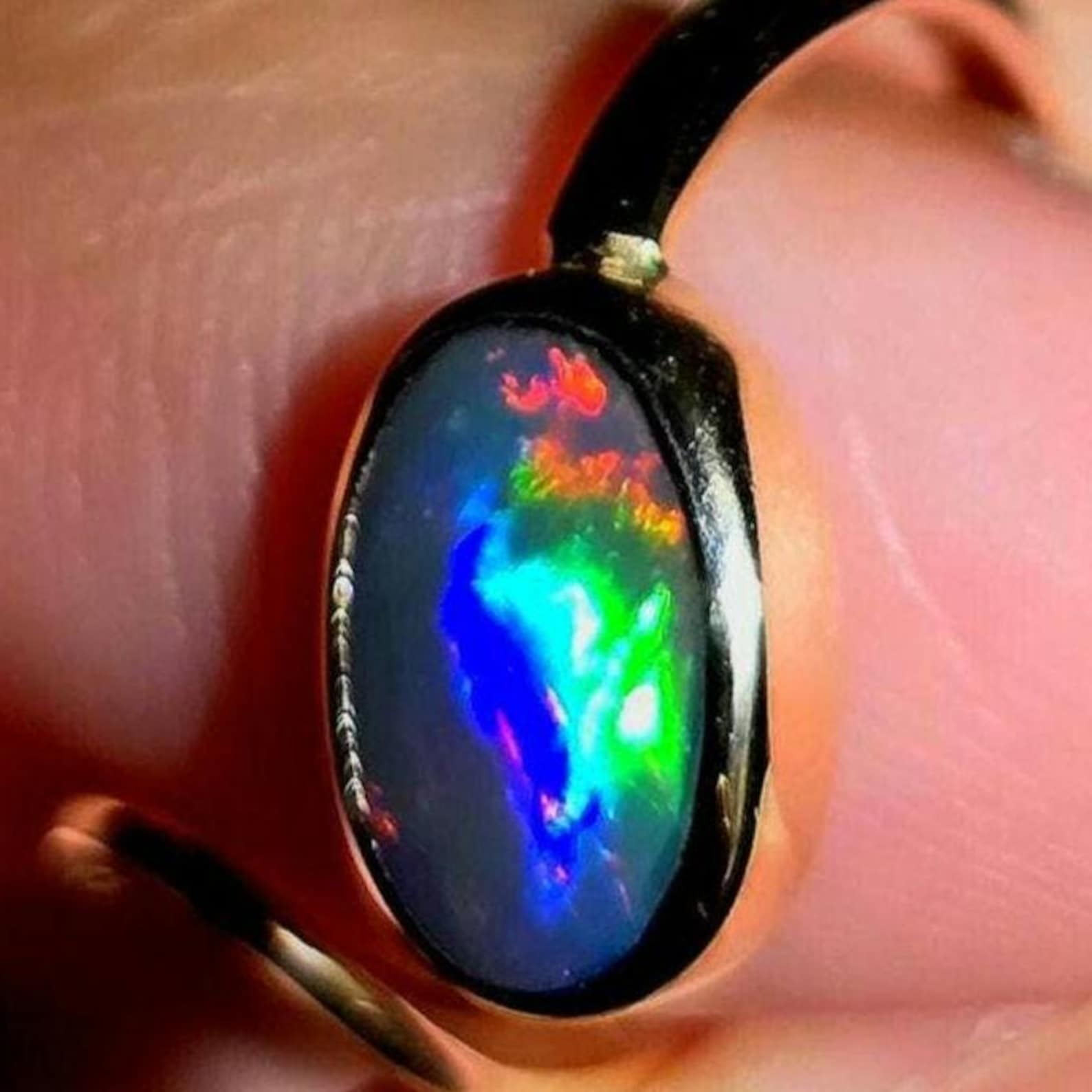 Rainbow snake - NEON Solid 9k Gold Natural Australian Black Opal Ring