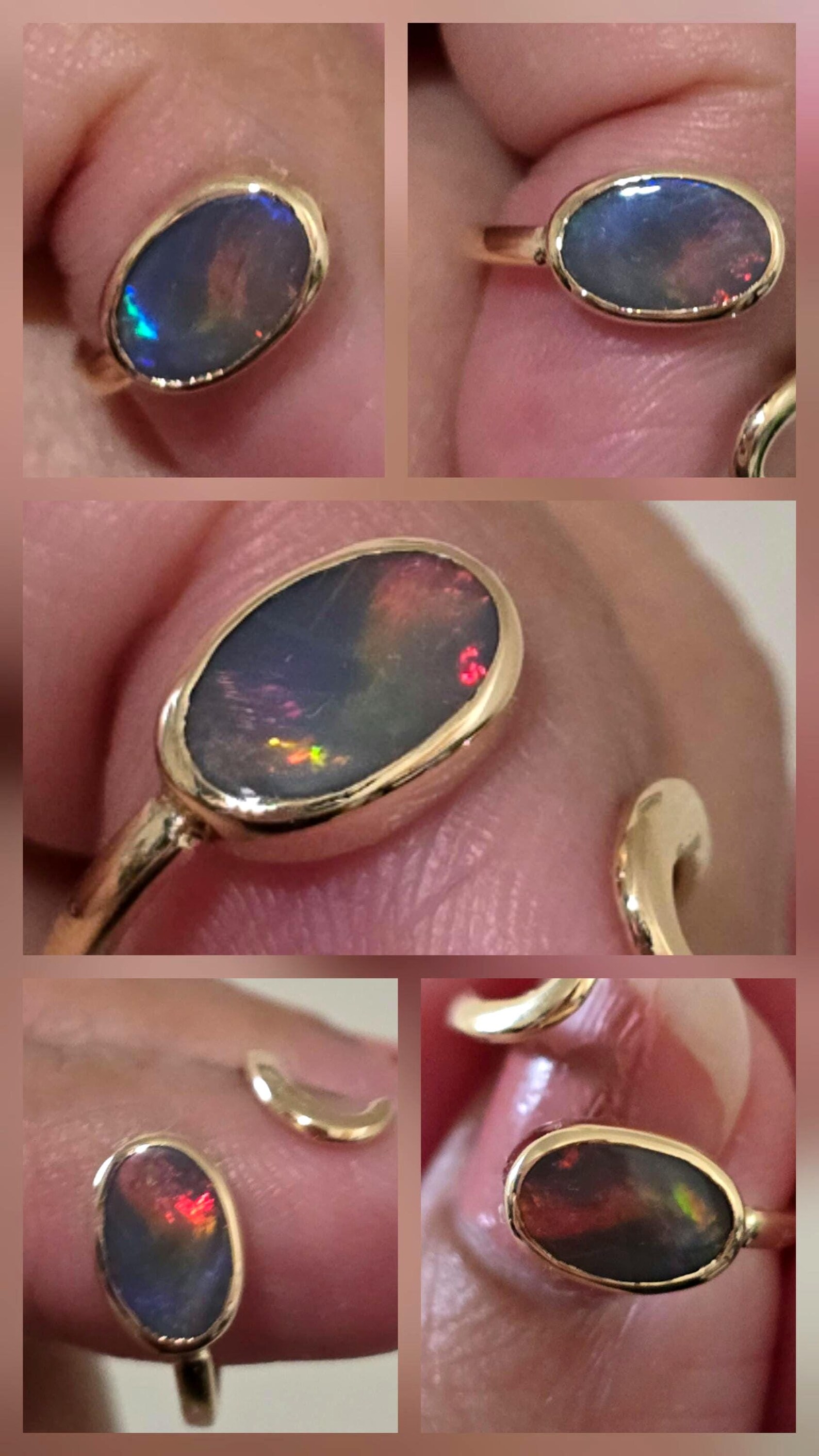 Rainbow snake - NEON Solid 9k Gold Natural Australian Black Opal Ring thumbnail 9