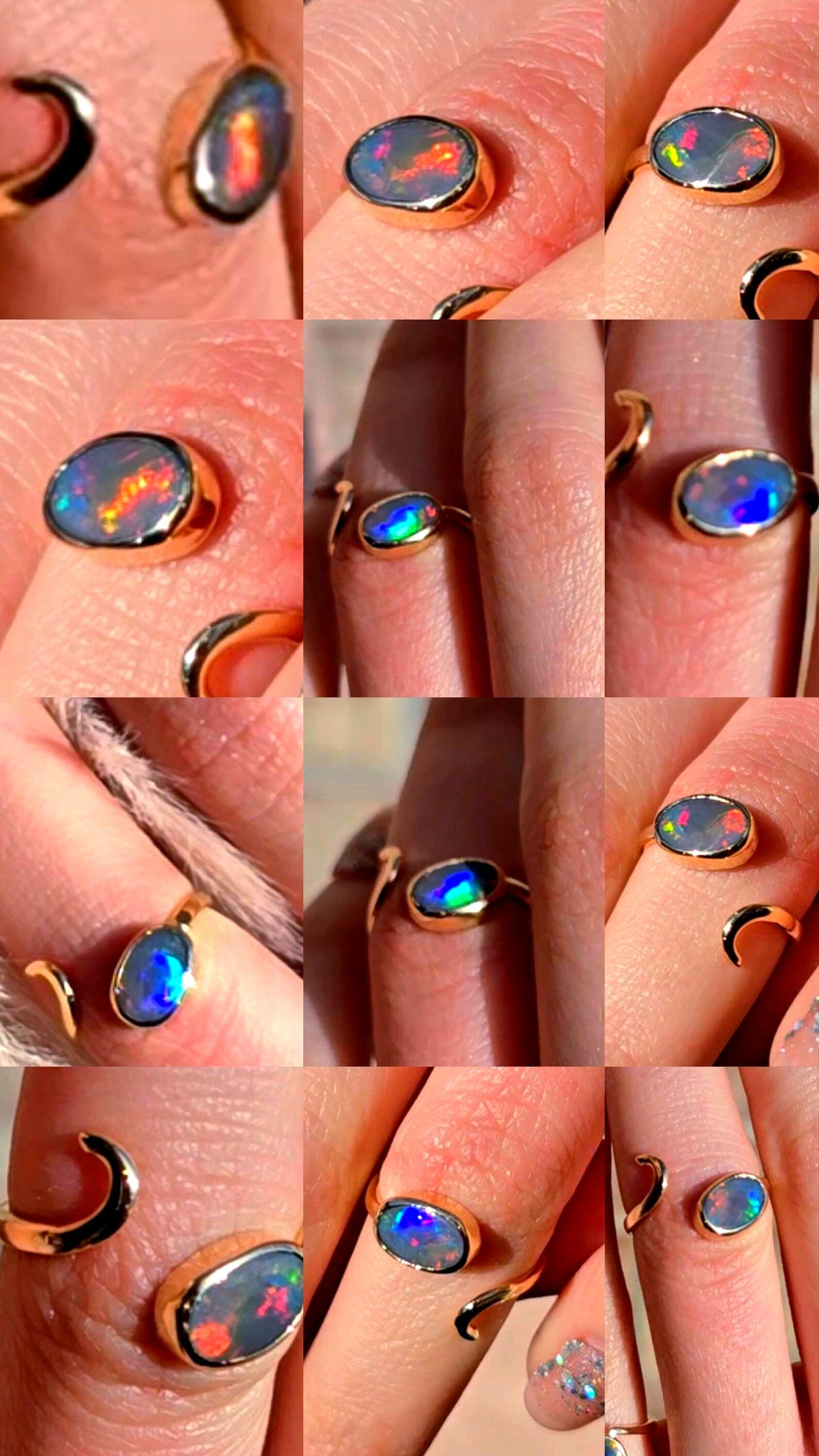 Rainbow snake - NEON Solid 9k Gold Natural Australian Black Opal Ring thumbnail 6