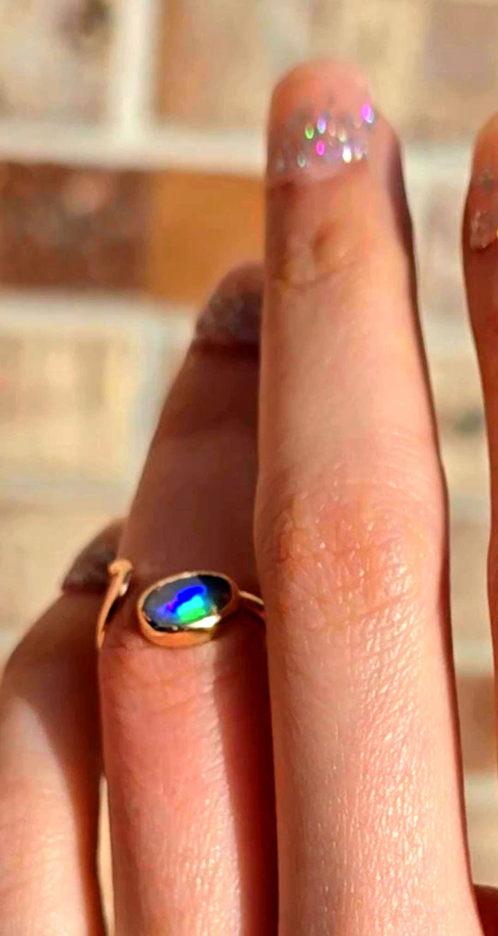 Rainbow snake - NEON Solid 9k Gold Natural Australian Black Opal Ring thumbnail 2