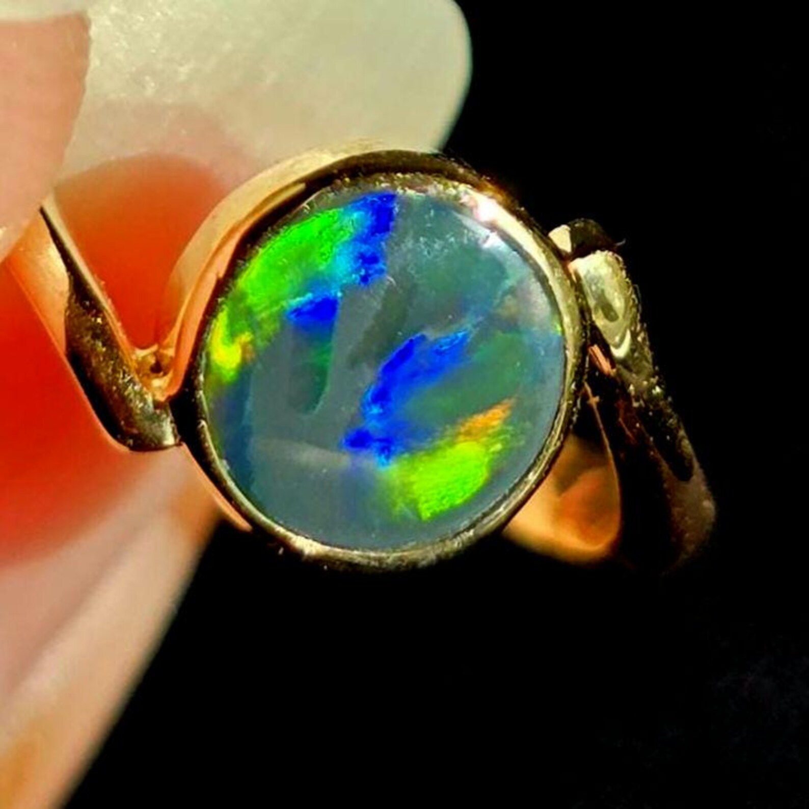 Twin flame black - NEON Solid 9k Gold Natural Australian Black Opal Ring thumbnail 20