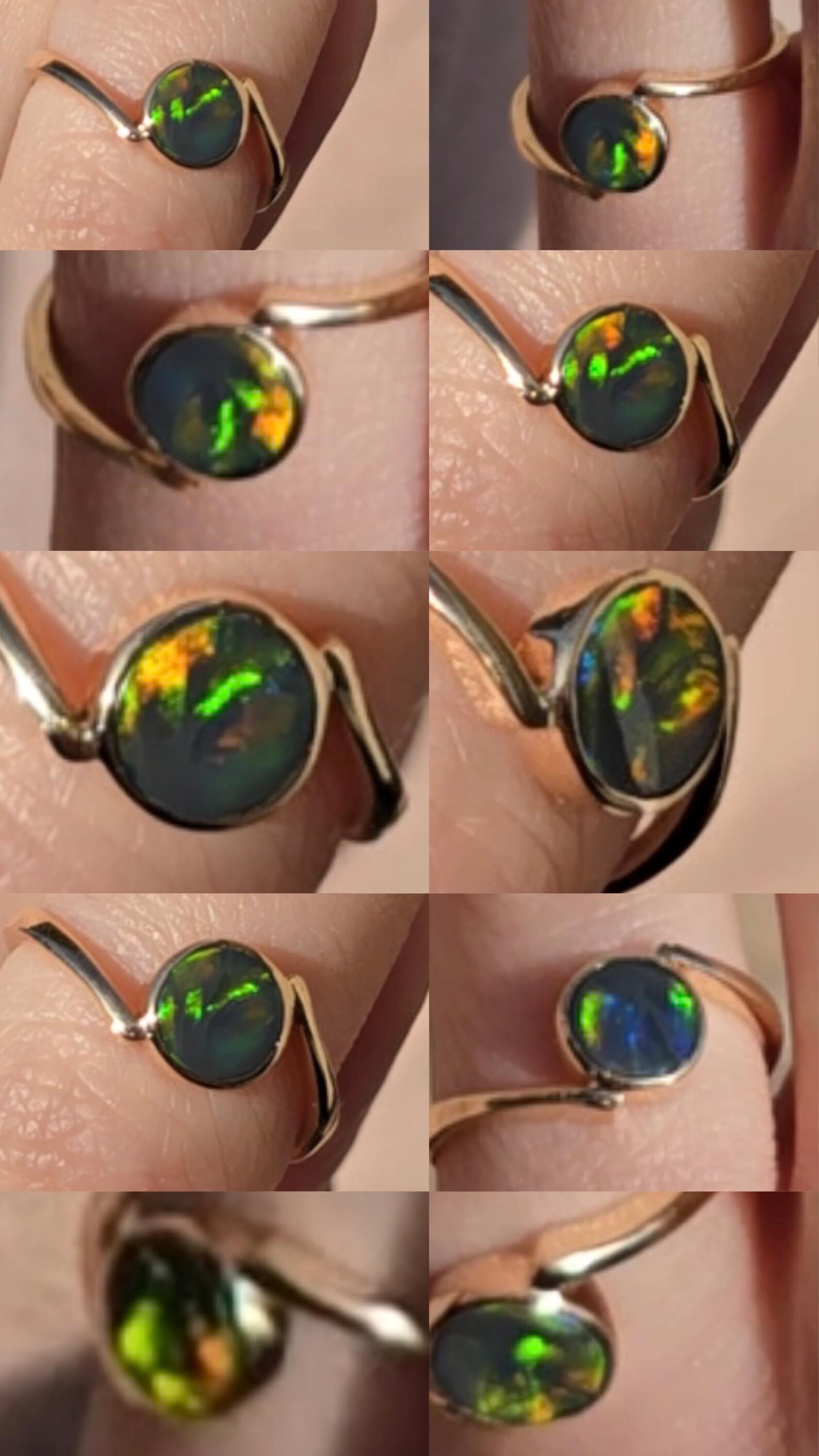 Twin flame black - NEON Solid 9k Gold Natural Australian Black Opal Ring thumbnail 7