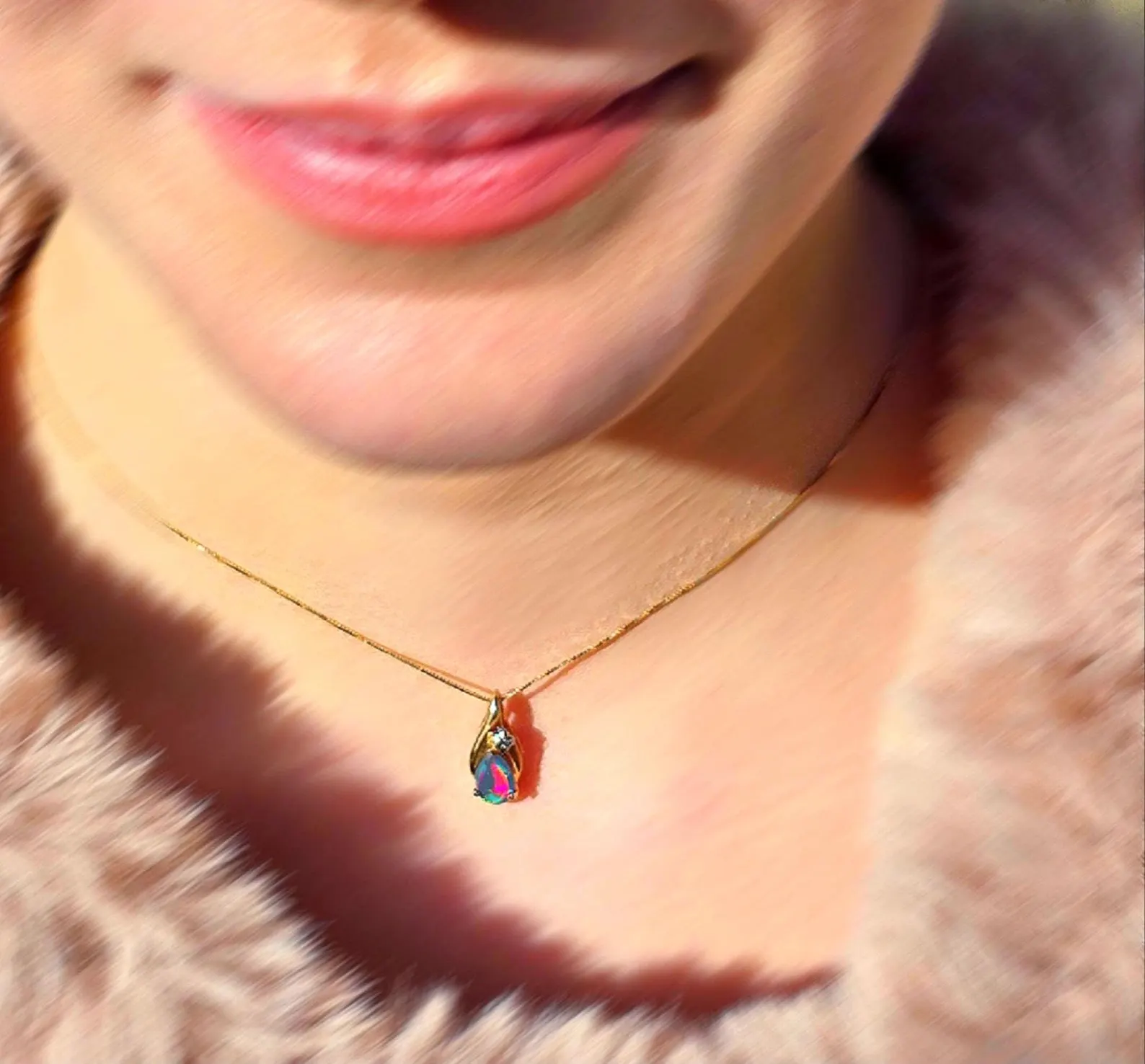 Fuchsia queen -Solid 10k Gold Natural Australian Opal Diamond Necklace thumbnail 8