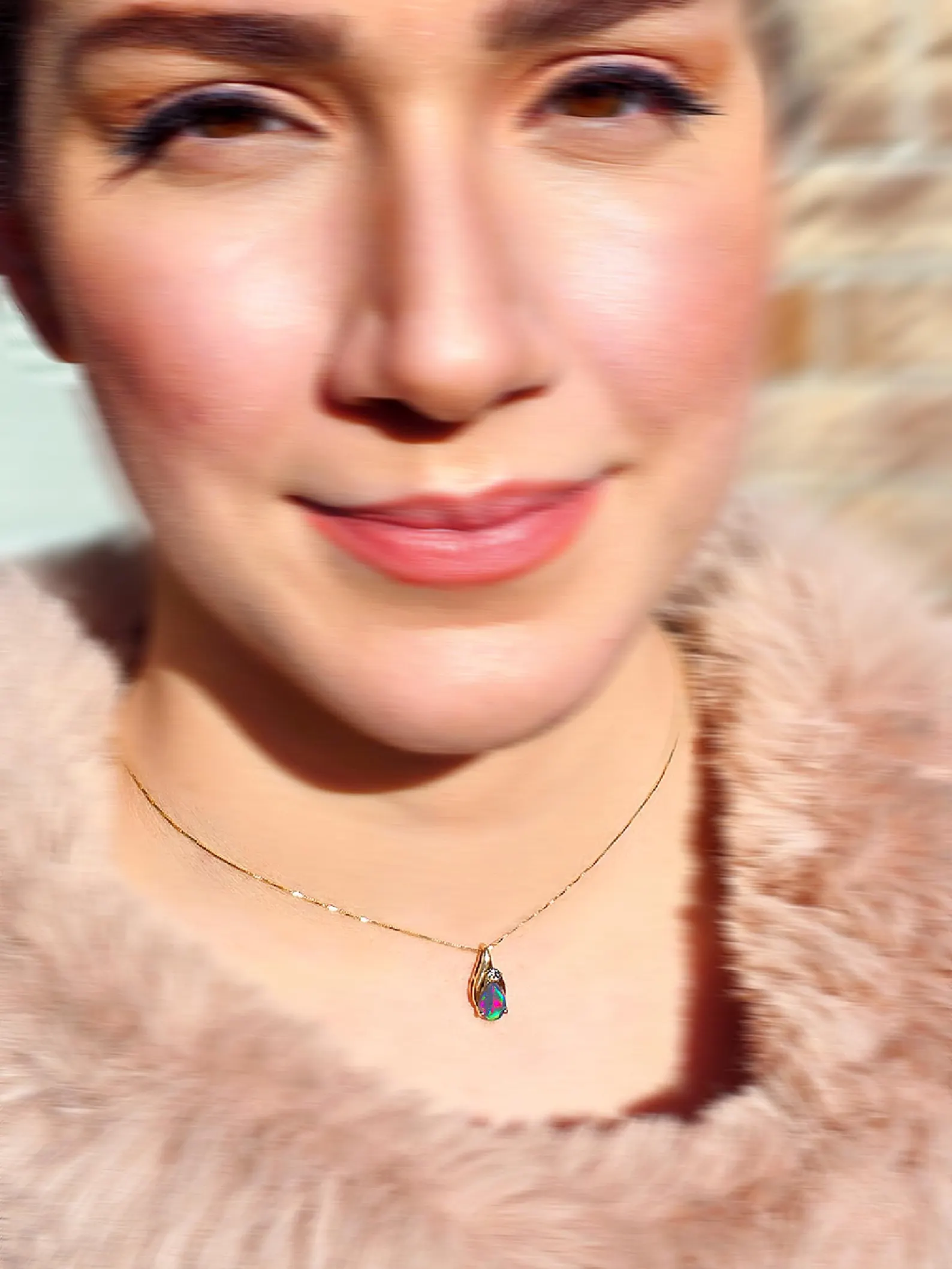 Fuchsia queen -Solid 10k Gold Natural Australian Opal Diamond Necklace thumbnail 5