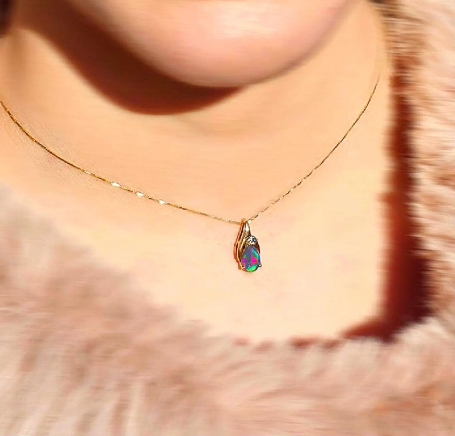 Fuchsia queen -Solid 10k Gold Natural Australian Opal Diamond Necklace thumbnail 2