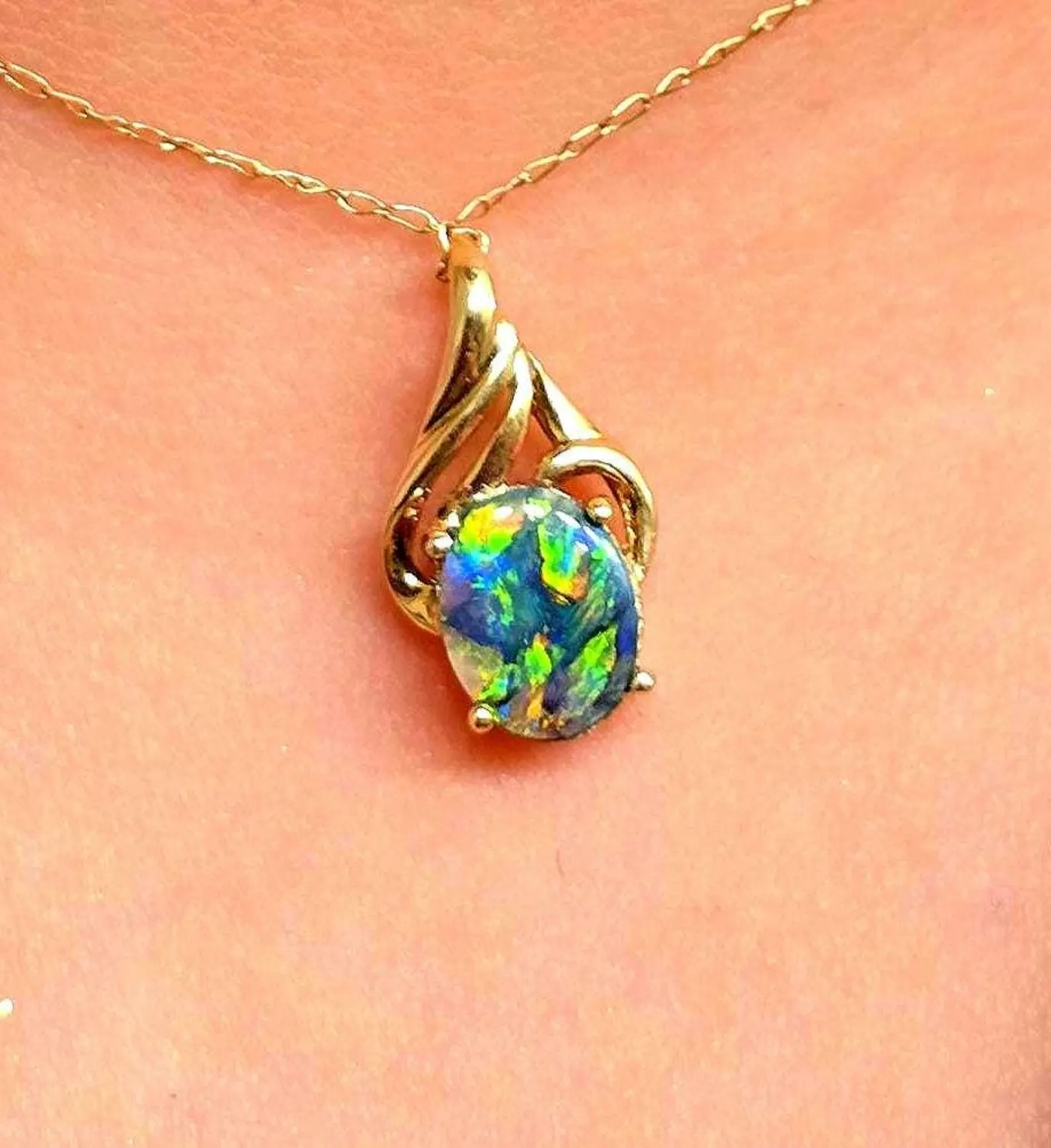 Picasso Palette- Solid 14k Gold Natural Black Australian Opal Pendant thumbnail 15