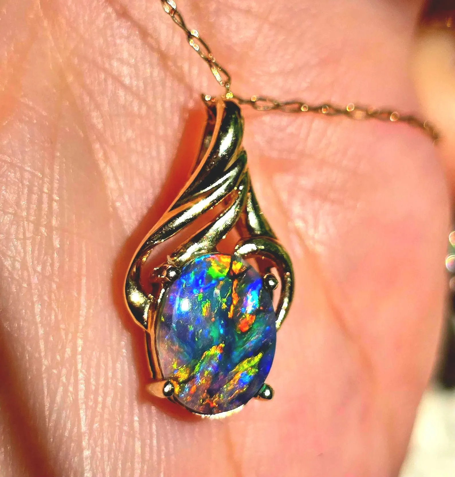 Picasso Palette- Solid 14k Gold Natural Black Australian Opal Pendant thumbnail 10