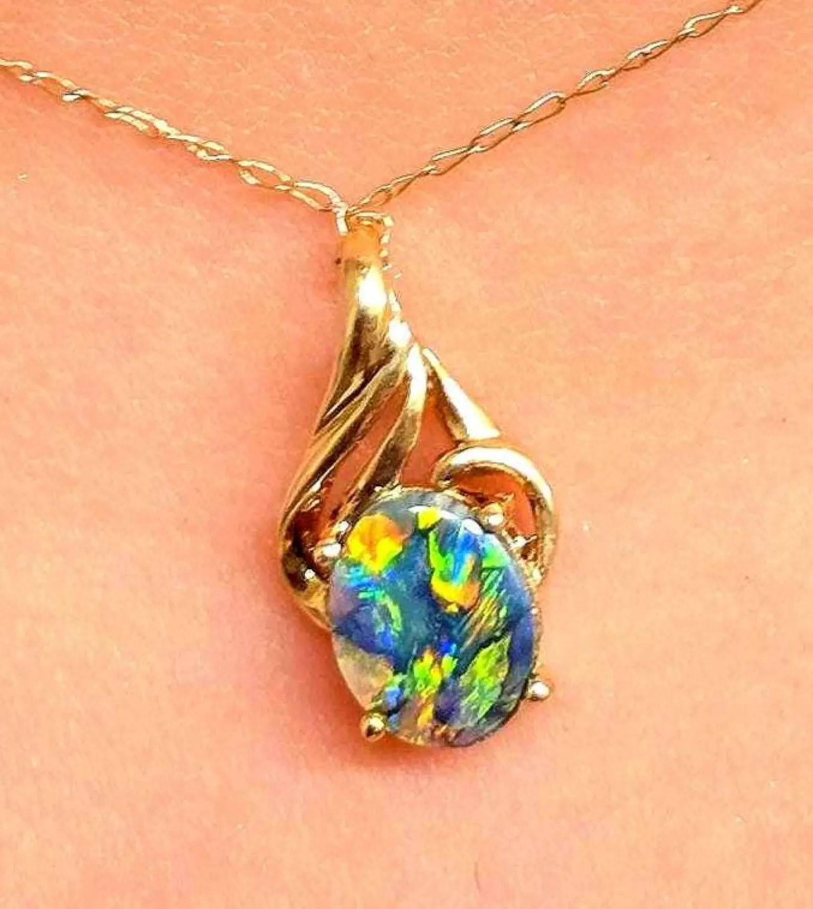 Picasso Palette- Solid 14k Gold Natural Black Australian Opal Pendant thumbnail 6