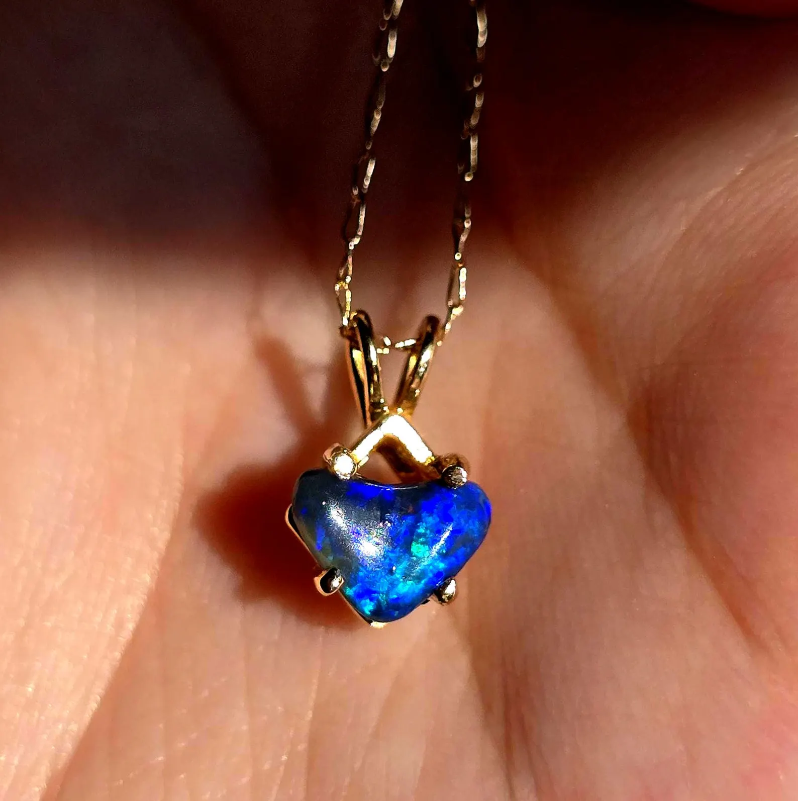 Electric Heart - Solid 10k Gold  Genuine Black Opal Heart Pendant  thumbnail 3