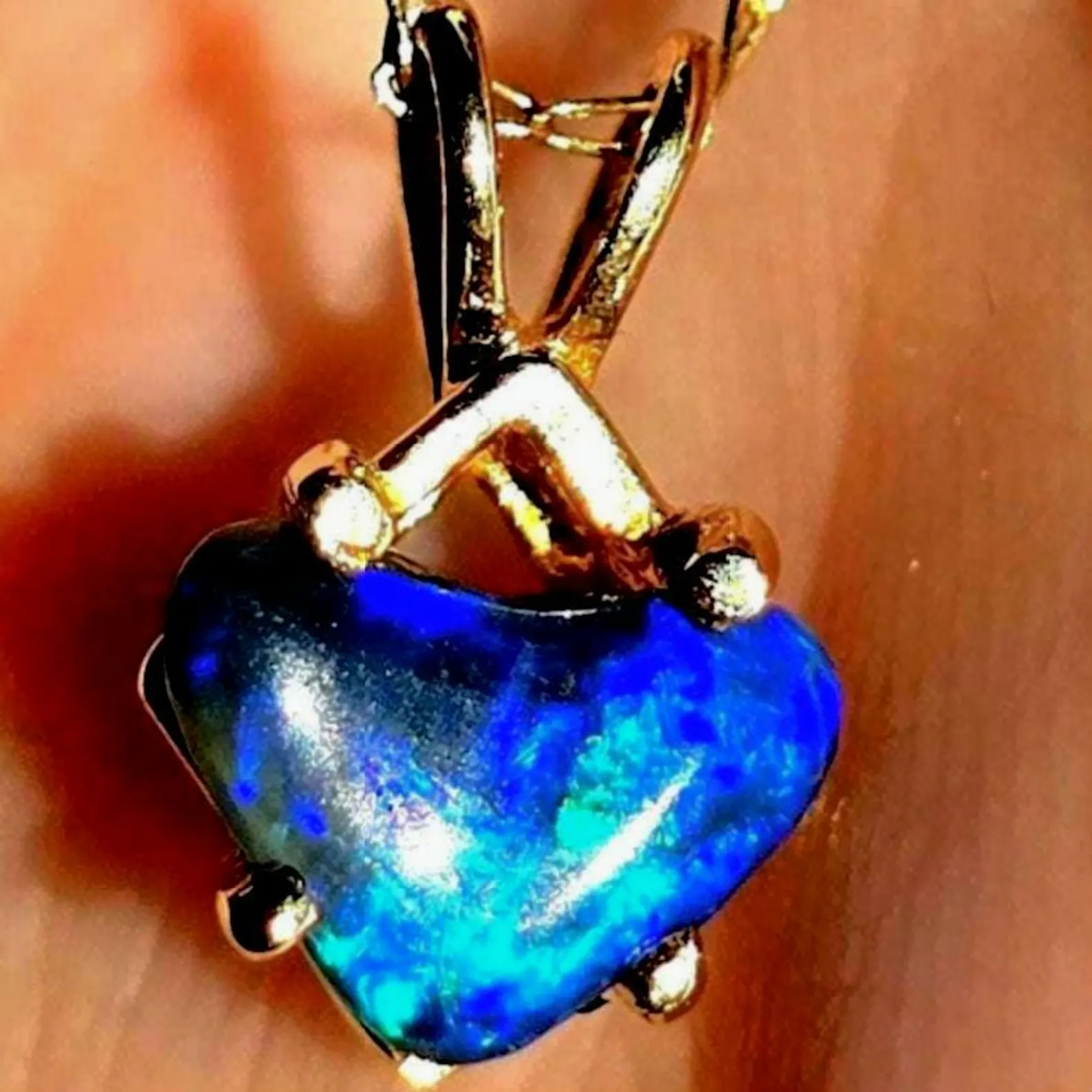 Electric Heart - Solid 10k Gold  Genuine Black Opal Heart Pendant  thumbnail 7