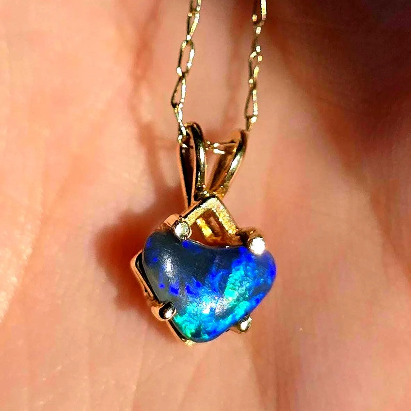 Electric Heart - Solid 10k Gold  Genuine Black Opal Heart Pendant  thumbnail 8