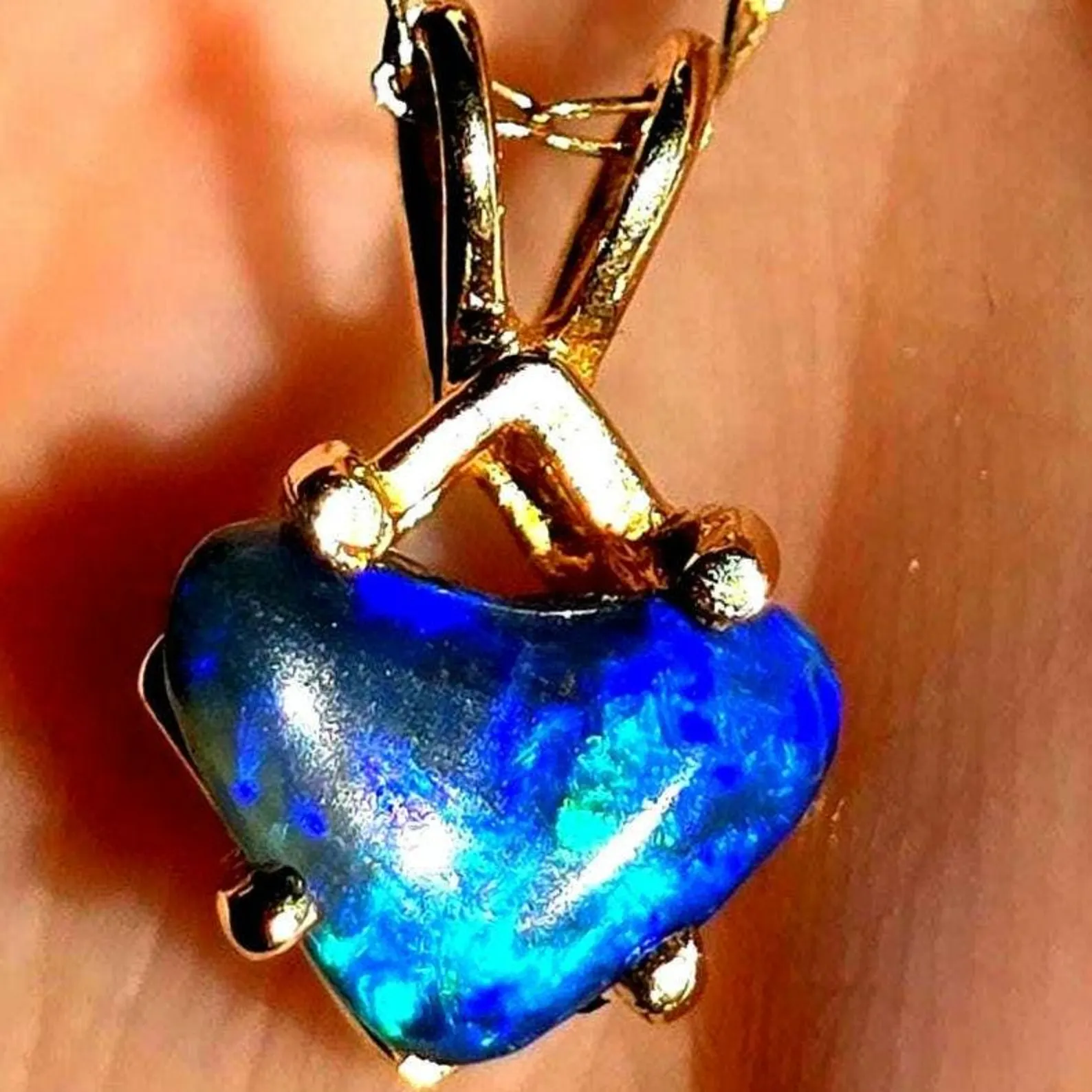 Electric Heart - Solid 10k Gold  Genuine Black Opal Heart Pendant  thumbnail 13