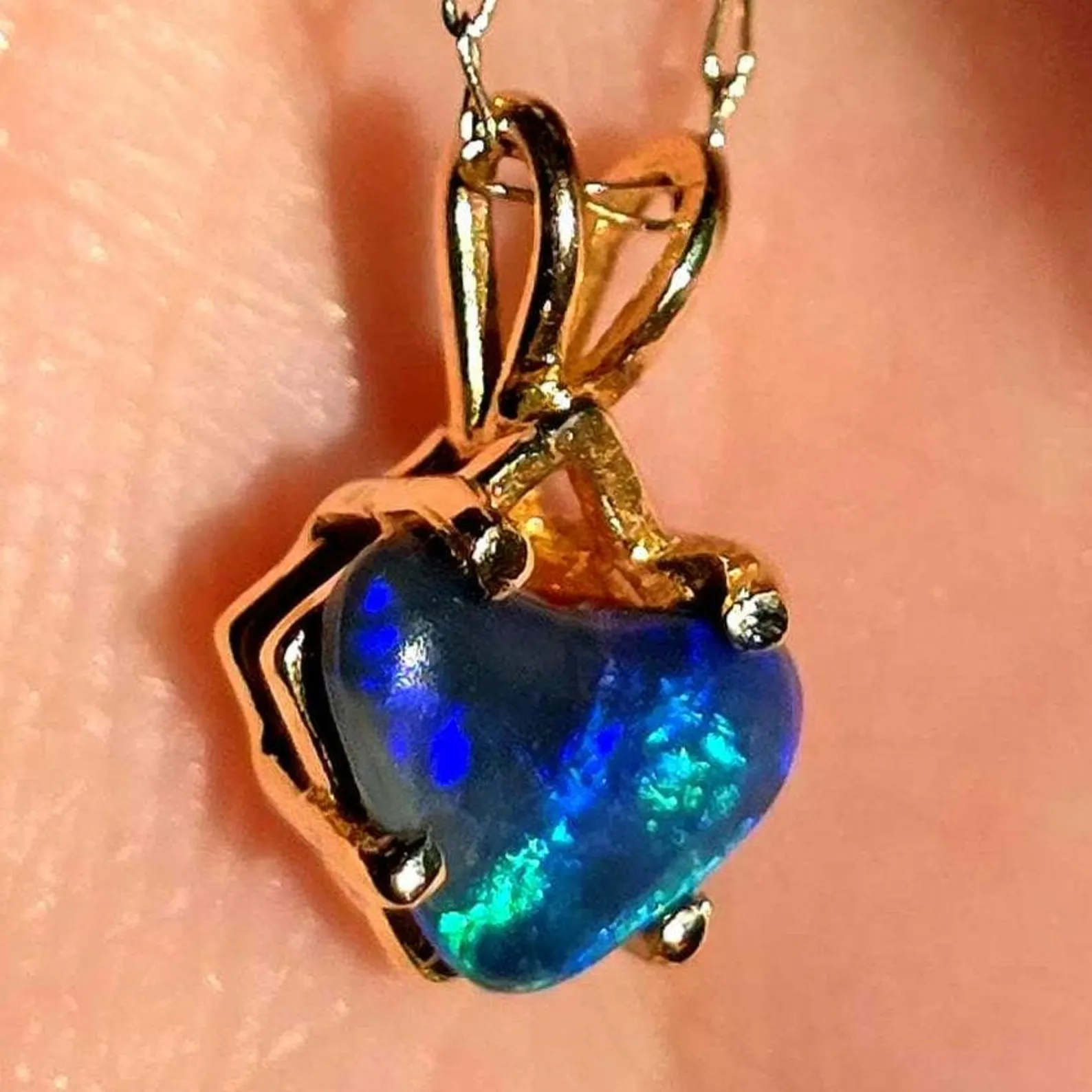 Electric Heart - Solid 10k Gold  Genuine Black Opal Heart Pendant  thumbnail 14