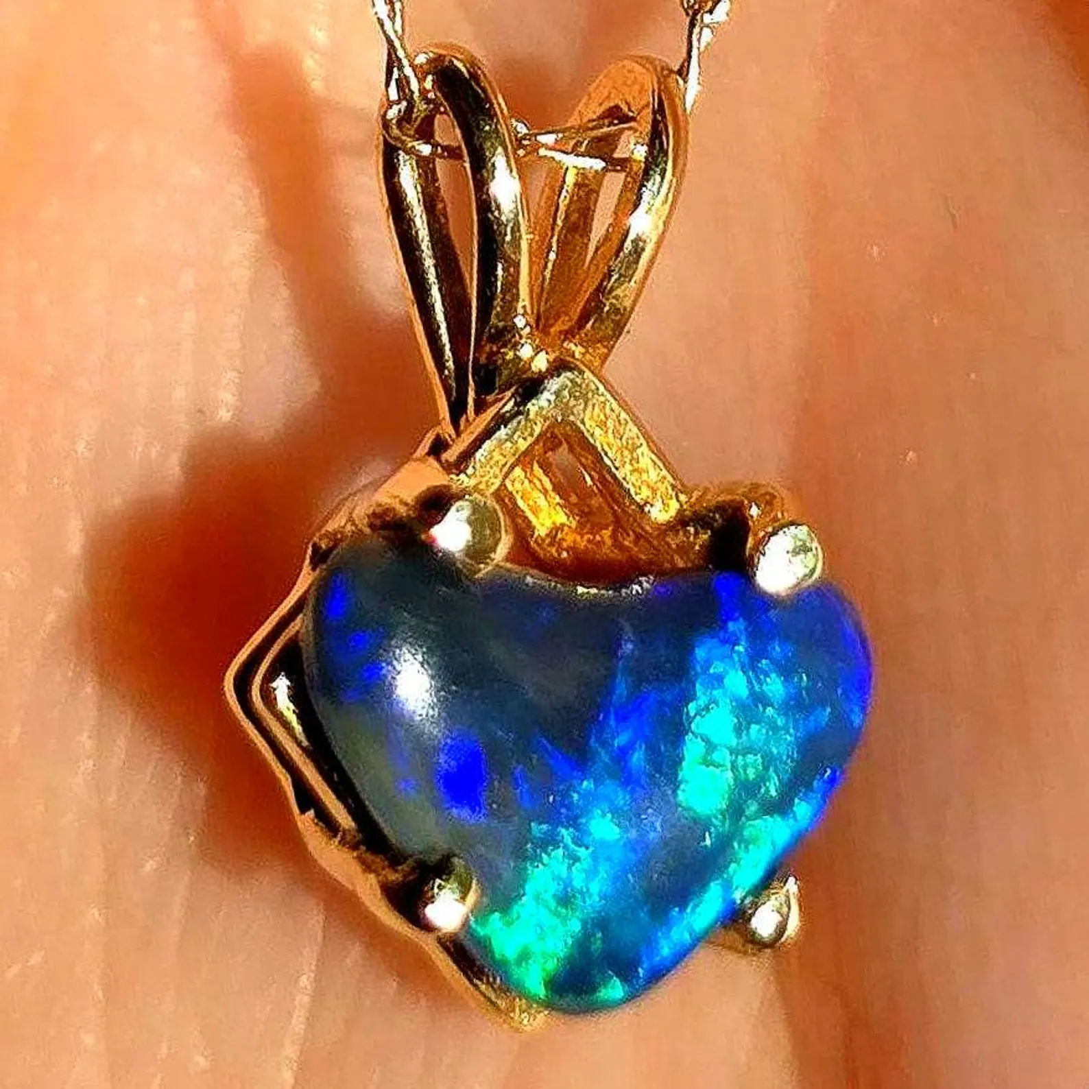Electric Heart - Solid 10k Gold  Genuine Black Opal Heart Pendant  thumbnail 21