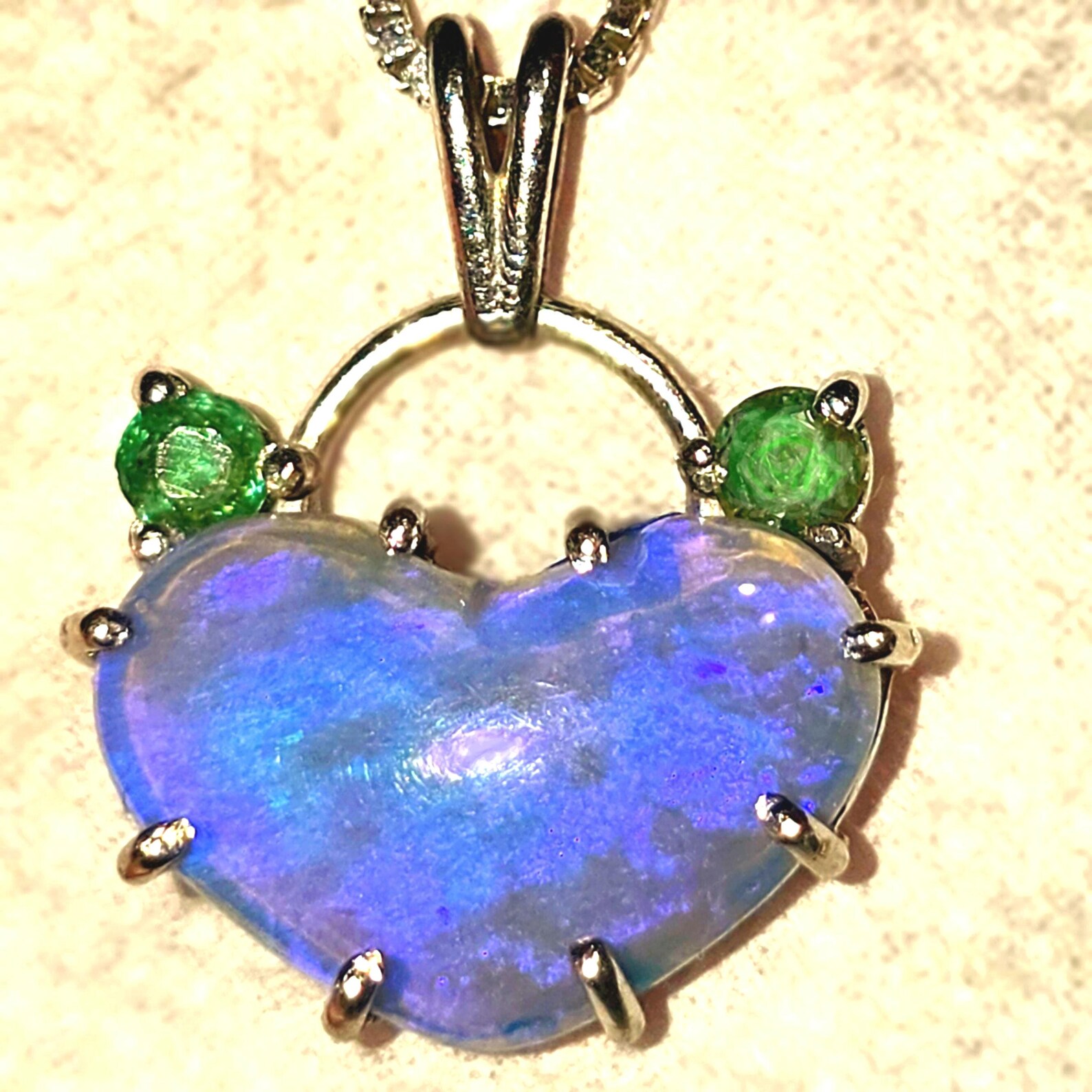 Lavender heart -Natural Australian Opal Heart Necklace with Natural Emeralds, 925 Silver thumbnail 16