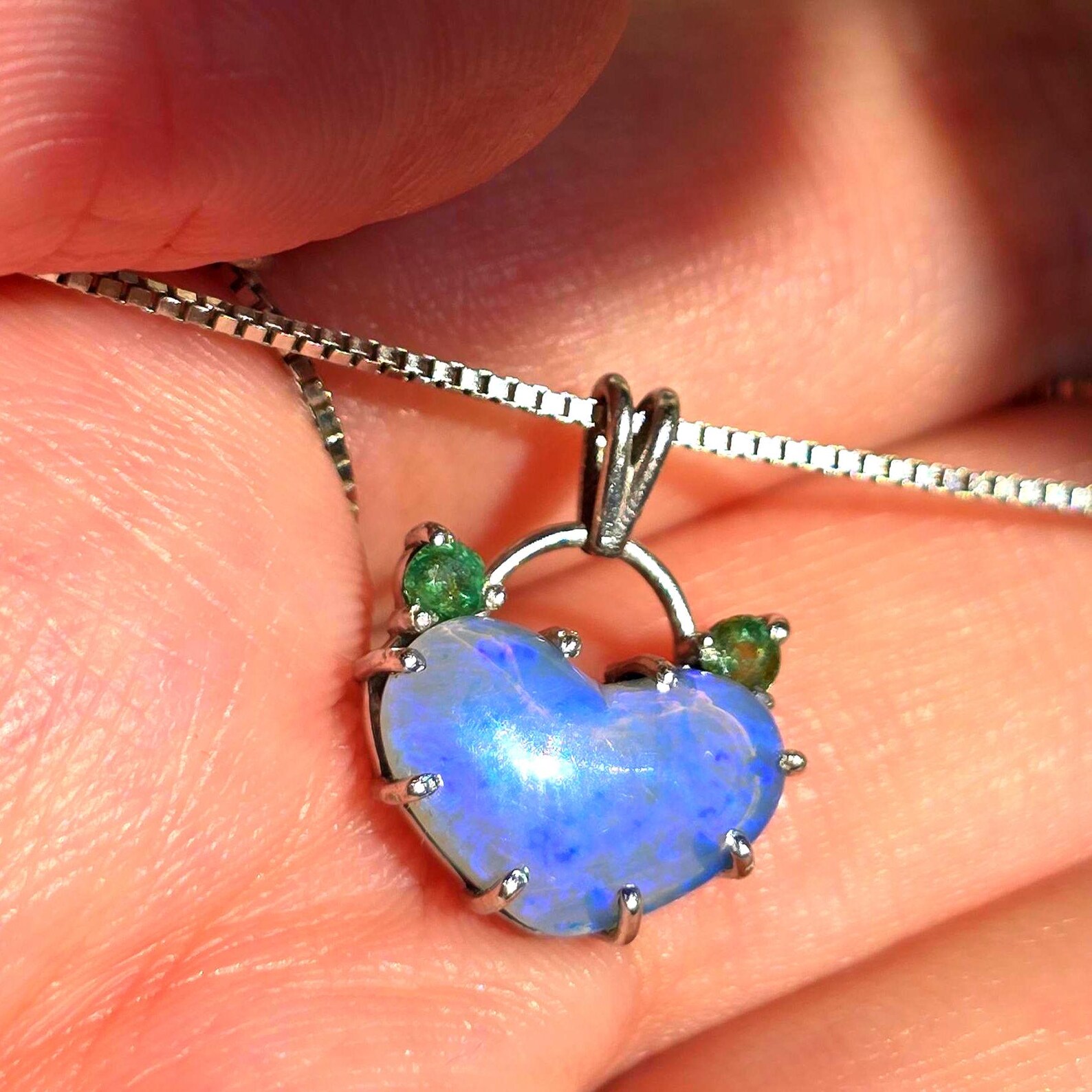 Lavender heart -Natural Australian Opal Heart Necklace with Natural Emeralds, 925 Silver thumbnail 12