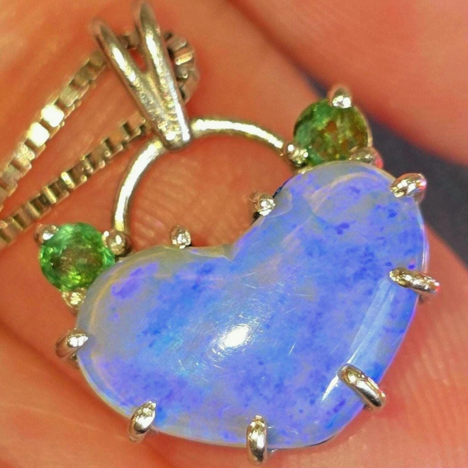 Lavender heart -Natural Australian Opal Heart Necklace with Natural Emeralds, 925 Silver thumbnail 15