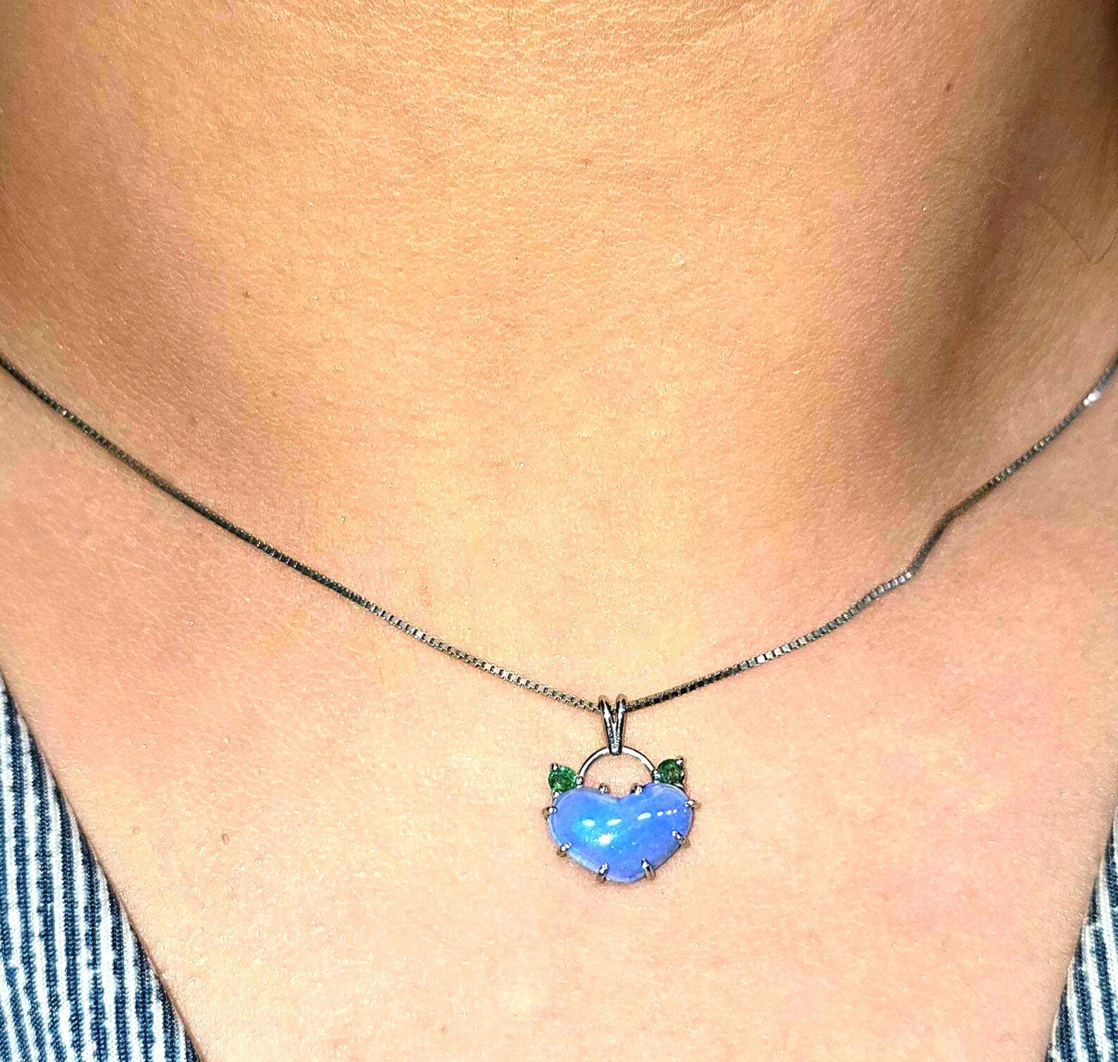 Lavender heart -Natural Australian Opal Heart Necklace with Natural Emeralds, 925 Silver thumbnail 17