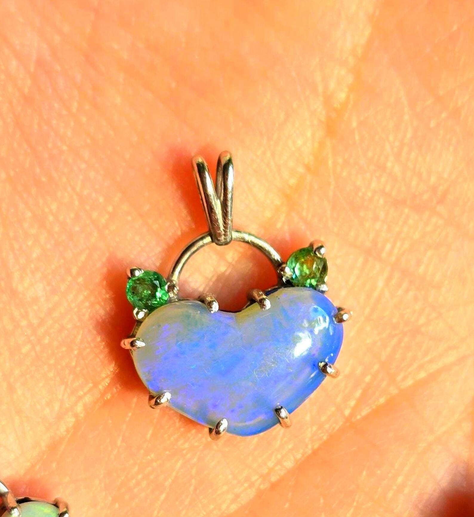 Lavender heart -Natural Australian Opal Heart Necklace with Natural Emeralds, 925 Silver thumbnail 14