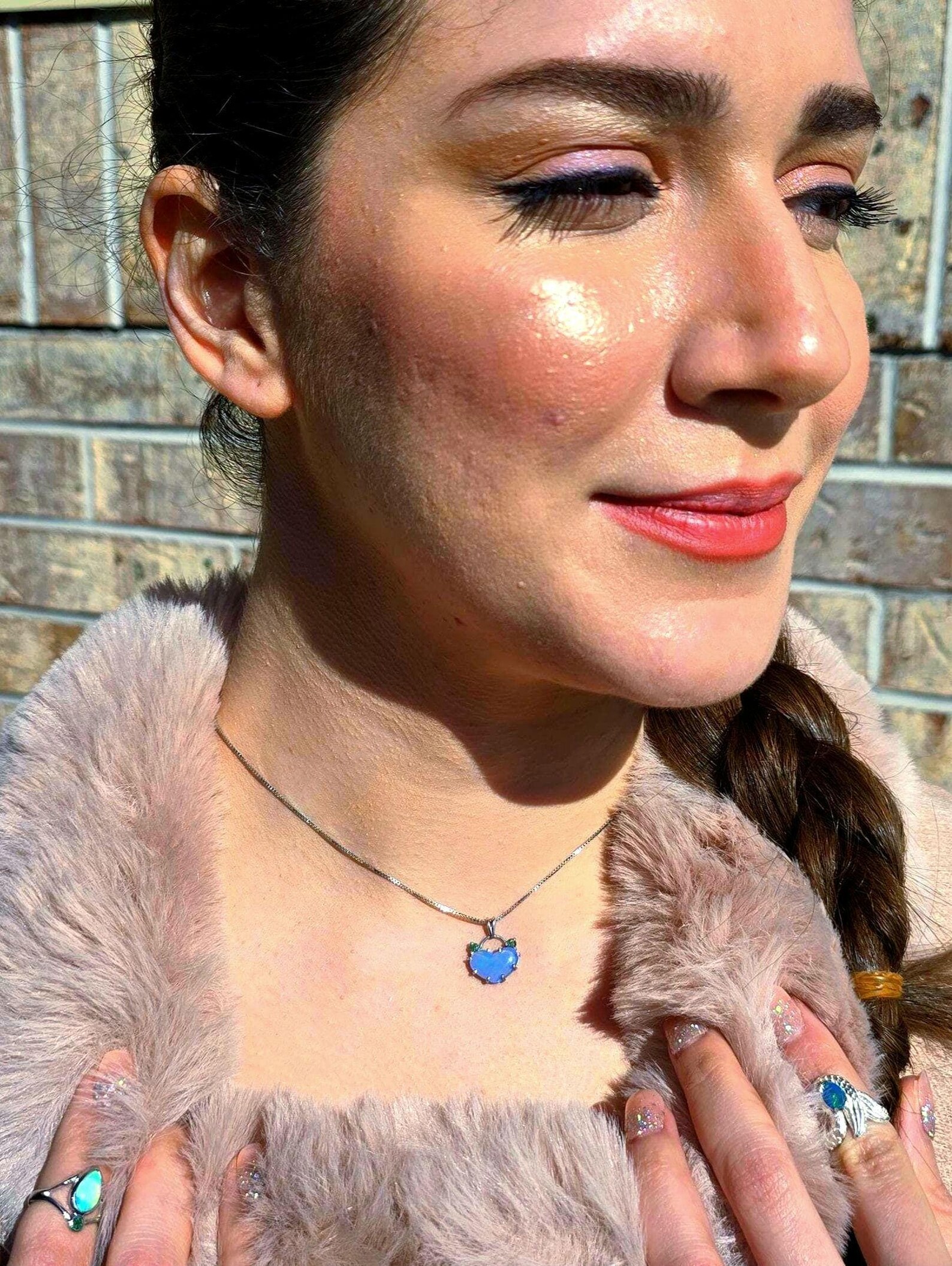 Lavender heart -Natural Australian Opal Heart Necklace with Natural Emeralds, 925 Silver thumbnail 13