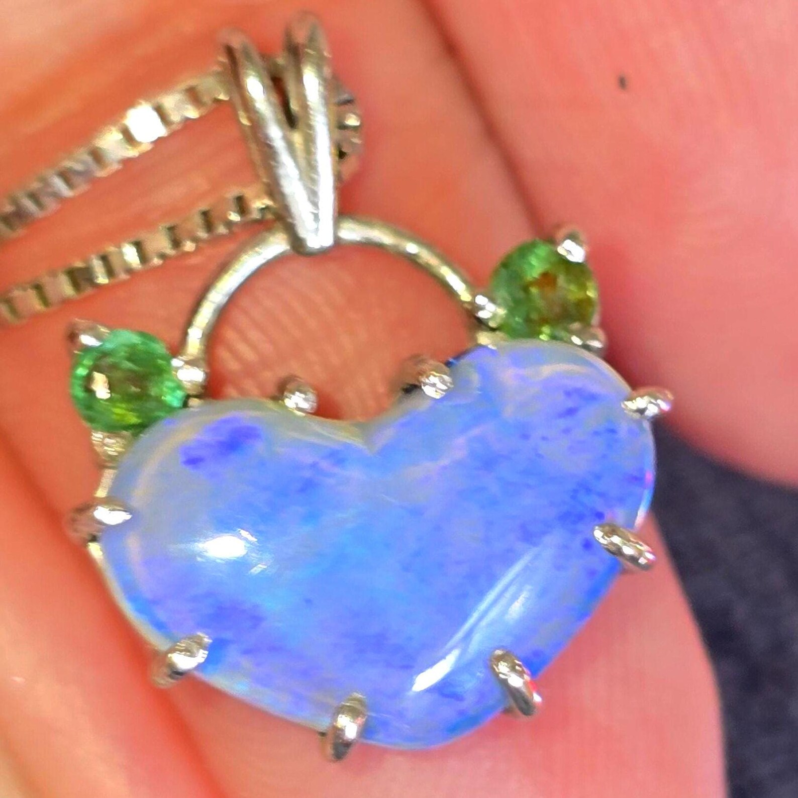 Lavender heart -Natural Australian Opal Heart Necklace with Natural Emeralds, 925 Silver thumbnail 8