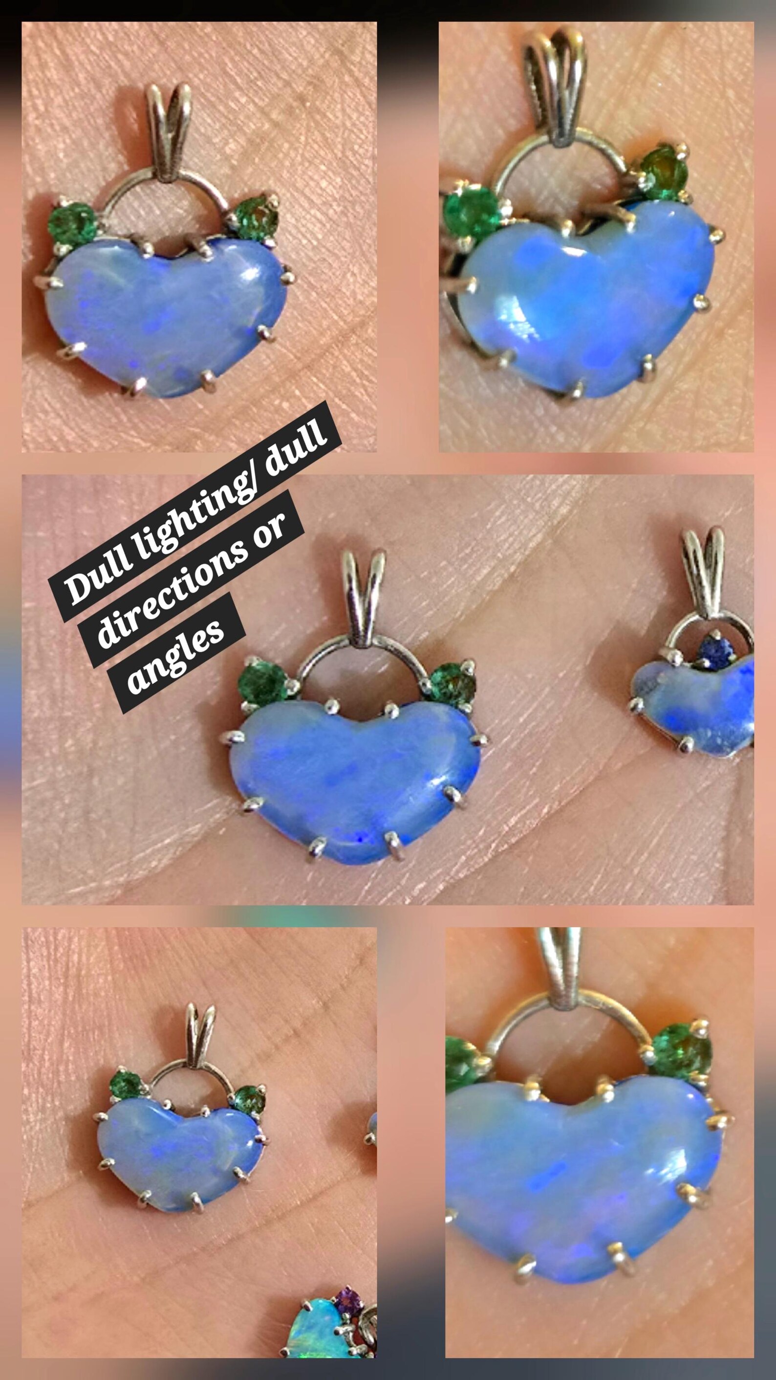 Lavender heart -Natural Australian Opal Heart Necklace with Natural Emeralds, 925 Silver thumbnail 9