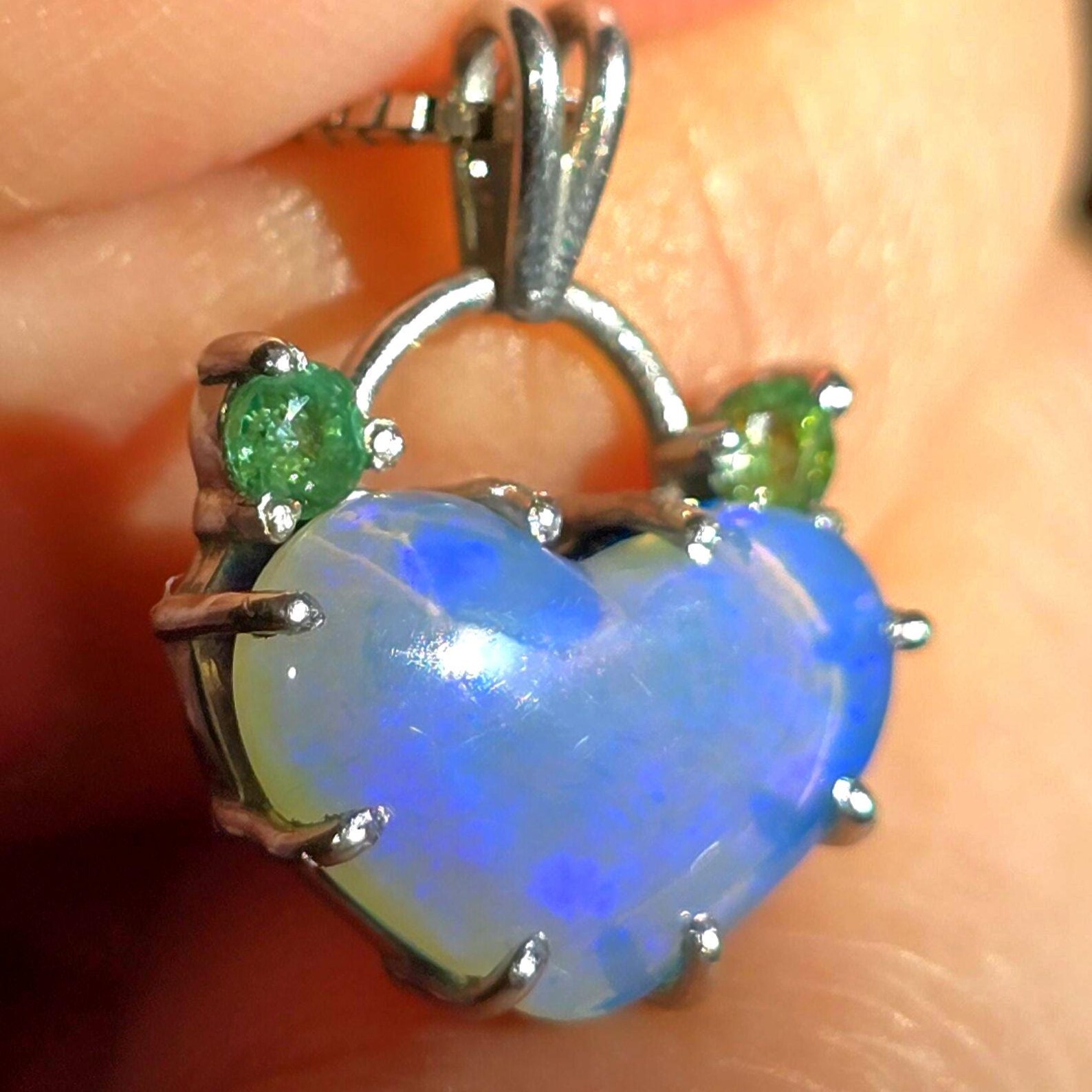 Lavender heart -Natural Australian Opal Heart Necklace with Natural Emeralds, 925 Silver thumbnail 6