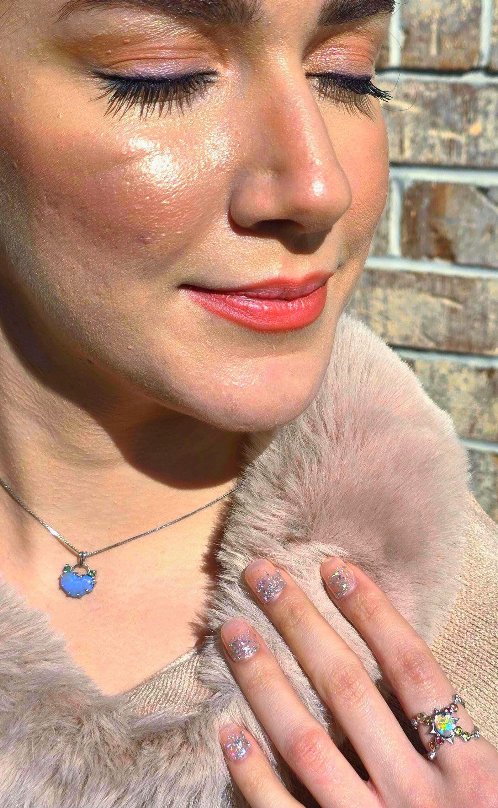 Lavender heart -Natural Australian Opal Heart Necklace with Natural Emeralds, 925 Silver thumbnail 7