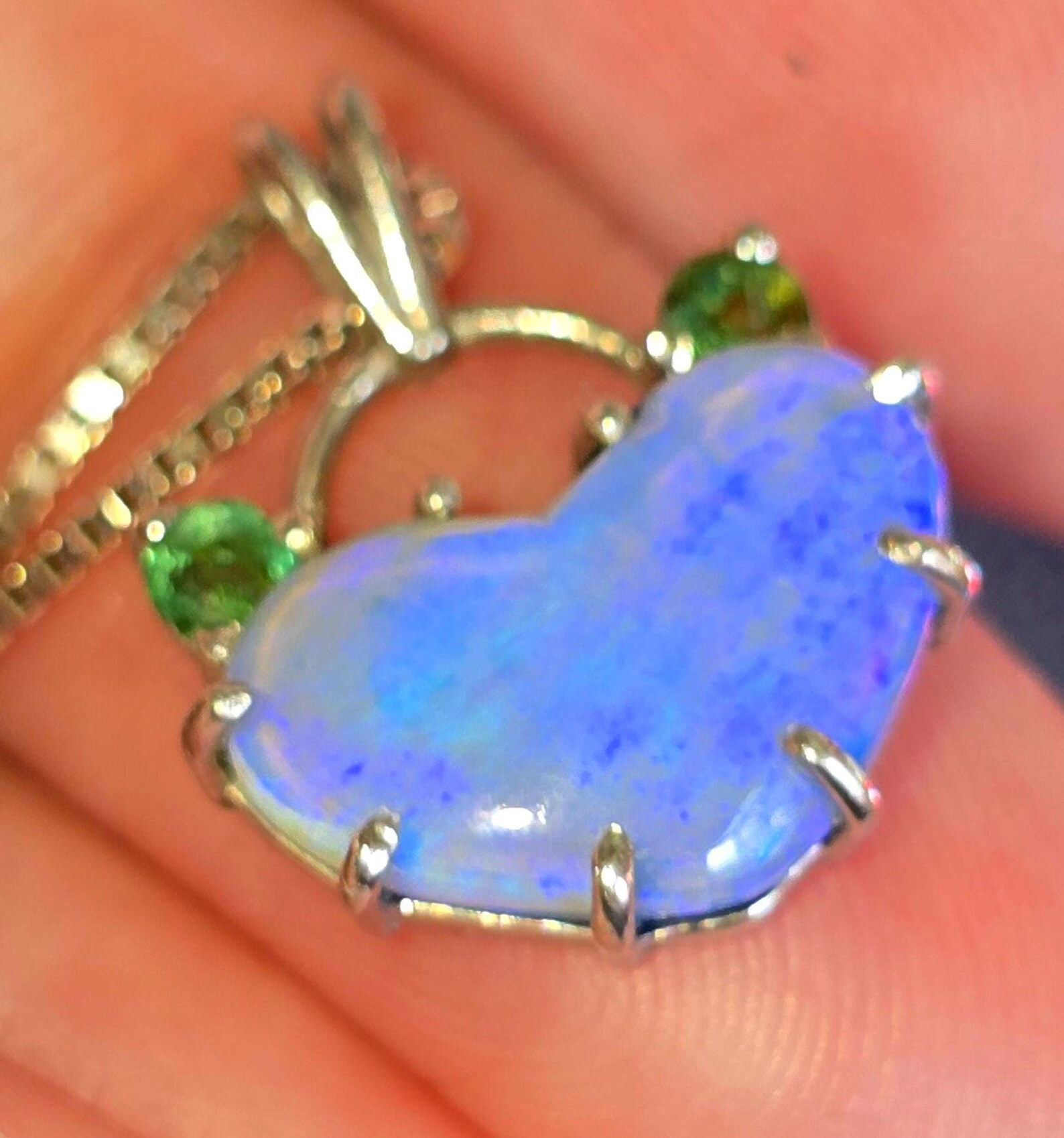Lavender heart -Natural Australian Opal Heart Necklace with Natural Emeralds, 925 Silver thumbnail 3