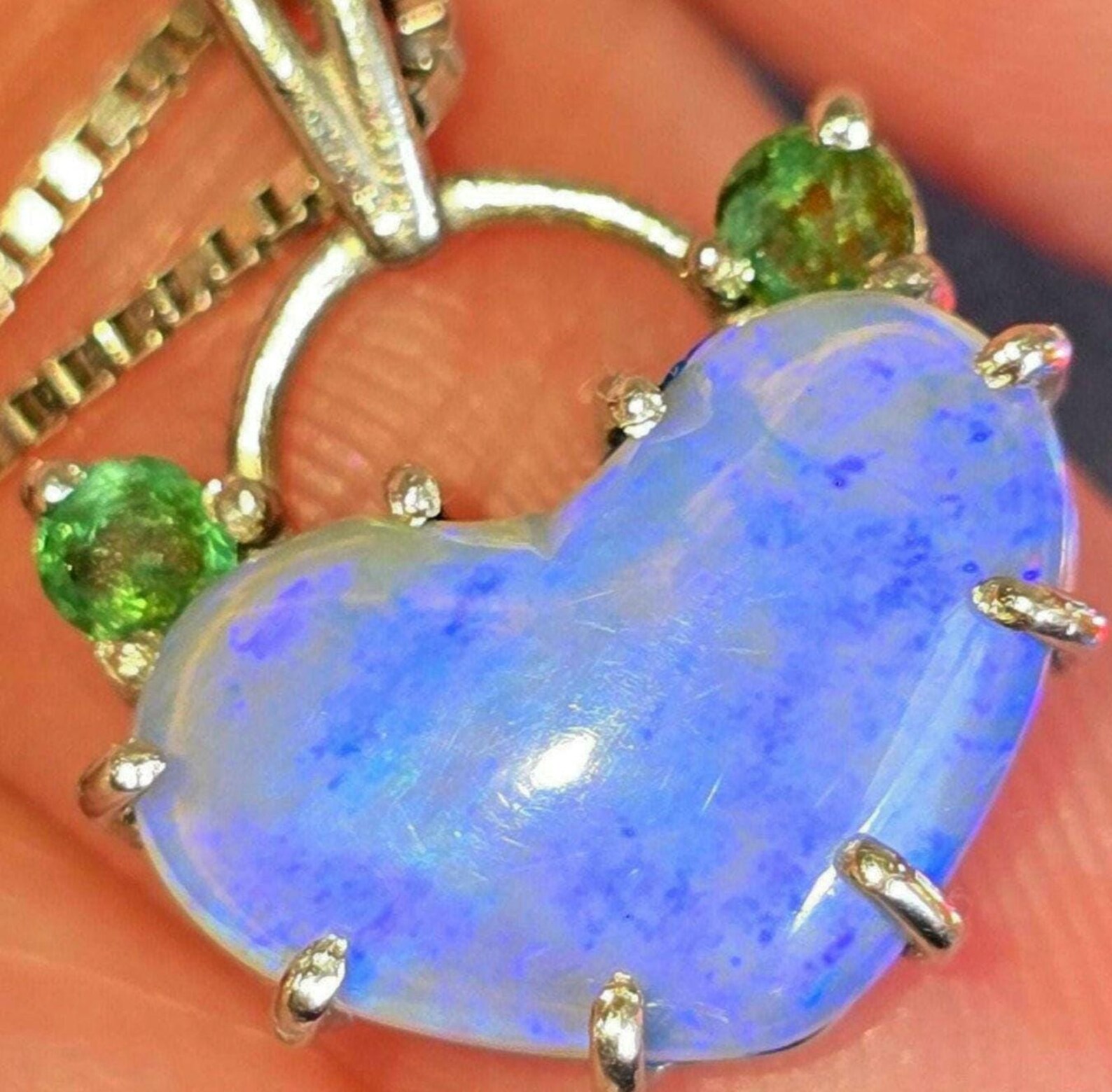 Lavender heart -Natural Australian Opal Heart Necklace with Natural Emeralds, 925 Silver