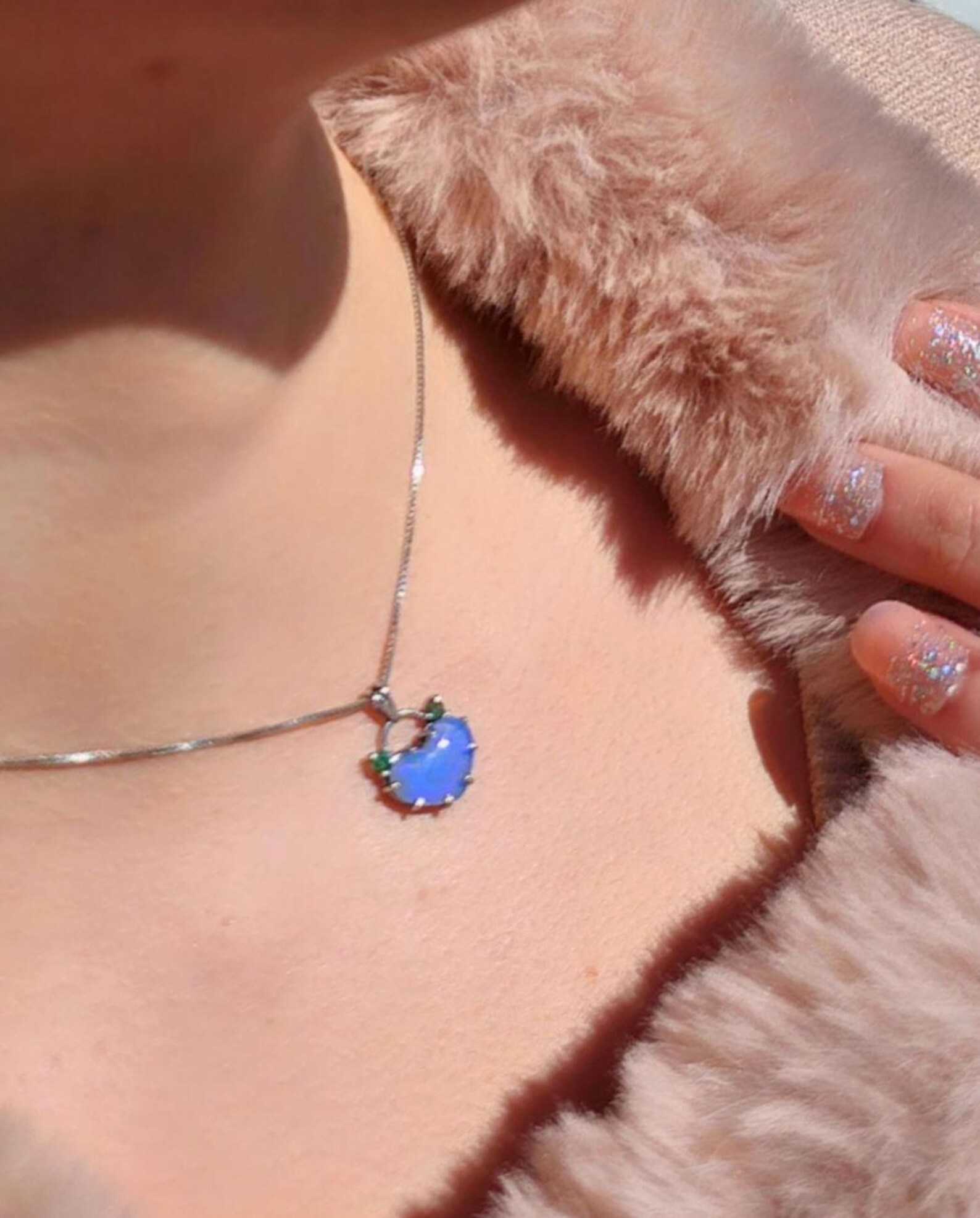 Lavender heart -Natural Australian Opal Heart Necklace with Natural Emeralds, 925 Silver thumbnail 4