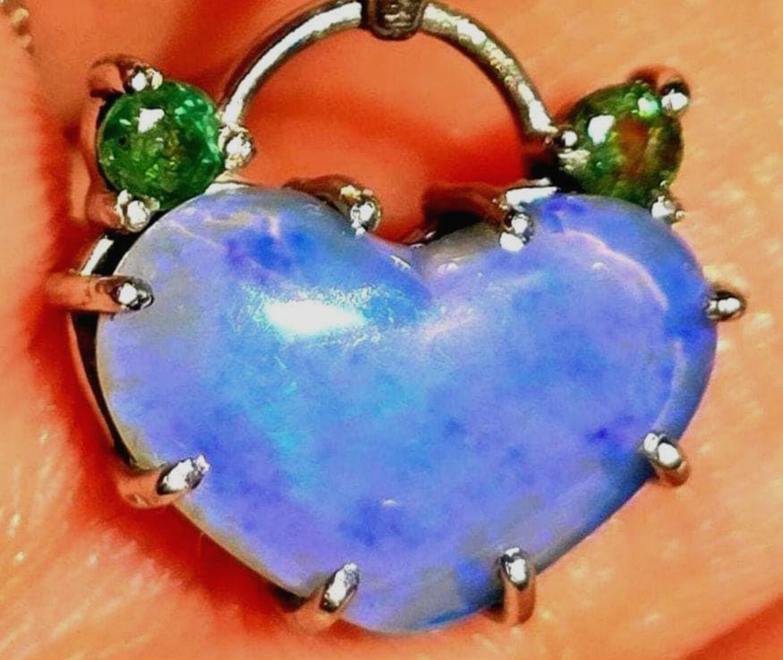 Lavender heart -Natural Australian Opal Heart Necklace with Natural Emeralds, 925 Silver thumbnail 11