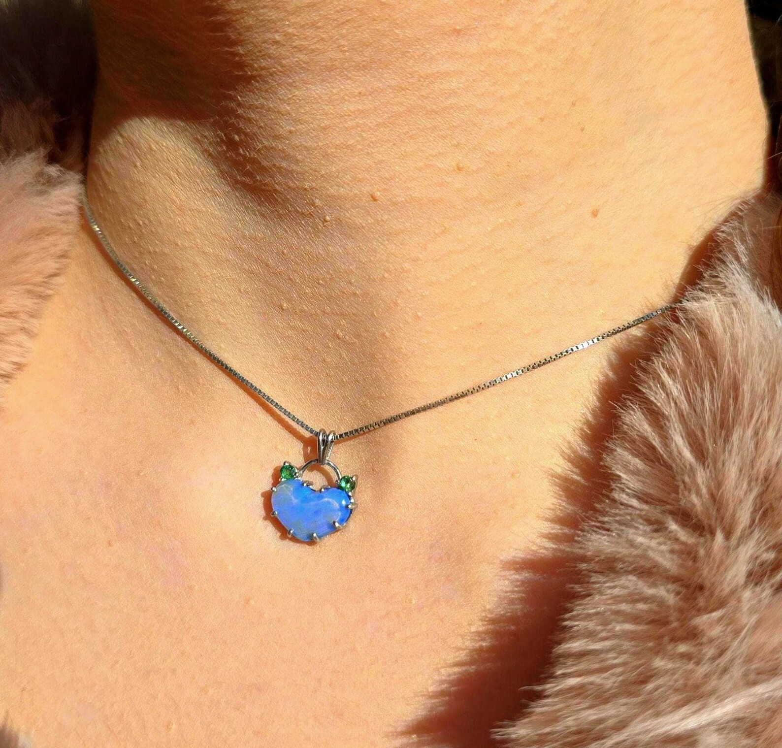 Lavender heart -Natural Australian Opal Heart Necklace with Natural Emeralds, 925 Silver thumbnail 2
