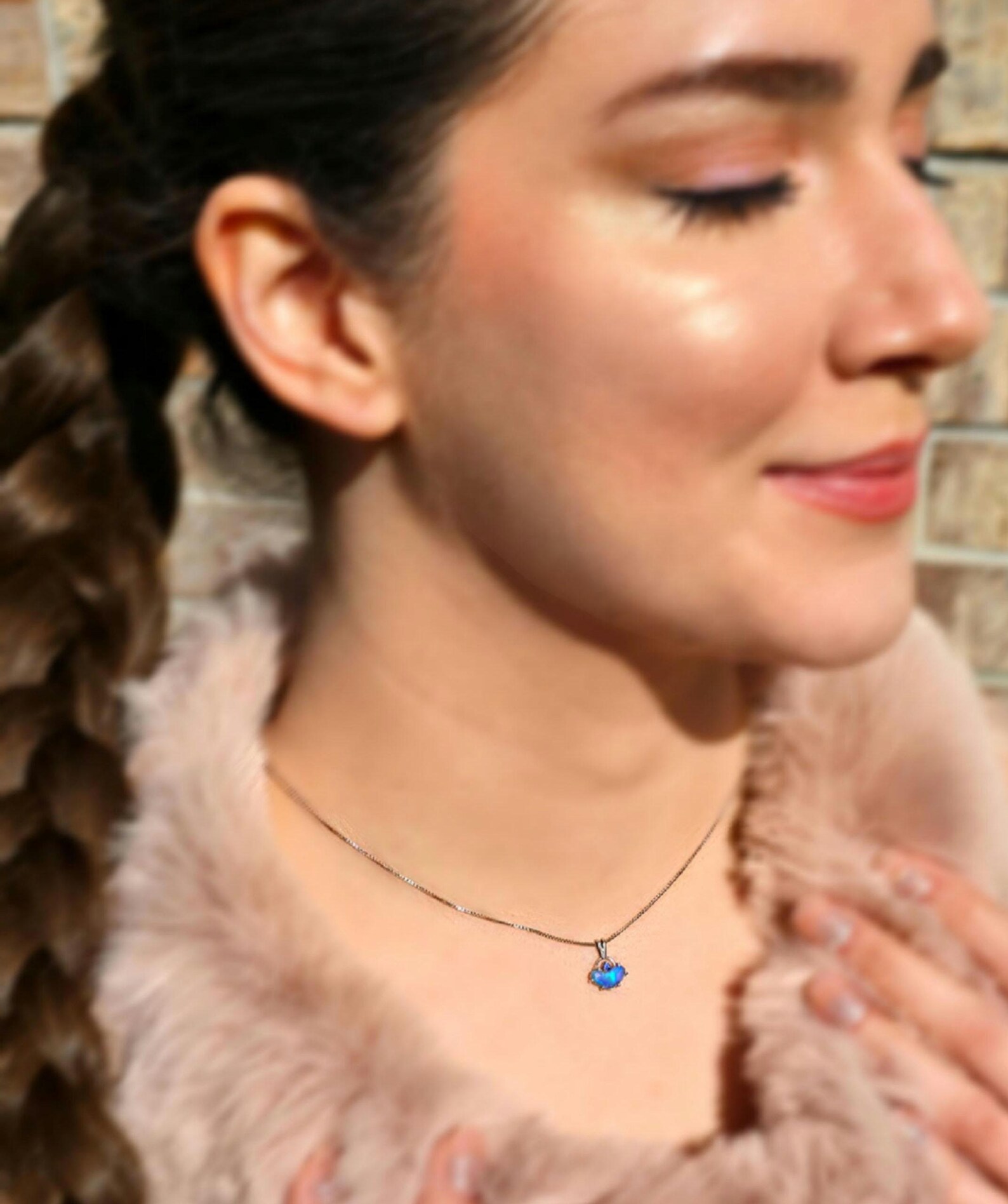 Blue baby - Natural Australian Opal Heart Necklace, Natural Sapphire, 925 Silver  thumbnail 2