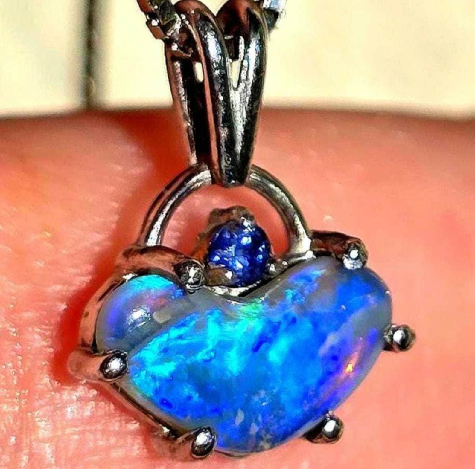 Blue baby - Natural Australian Opal Heart Necklace, Natural Sapphire, 925 Silver 