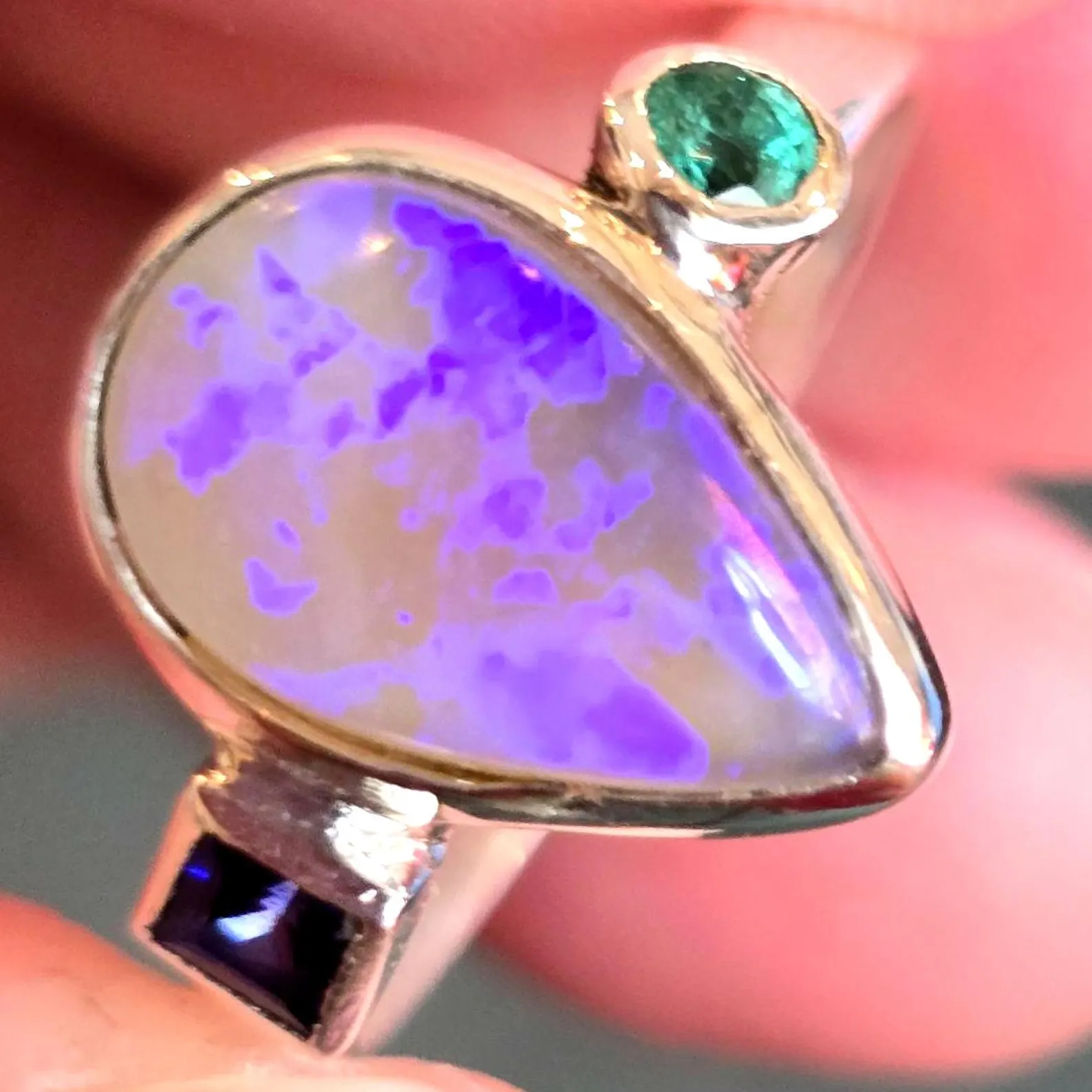 Lavender Opal Ring Sapphire emerald, Australian Opal Ring size 7.75  thumbnail 3