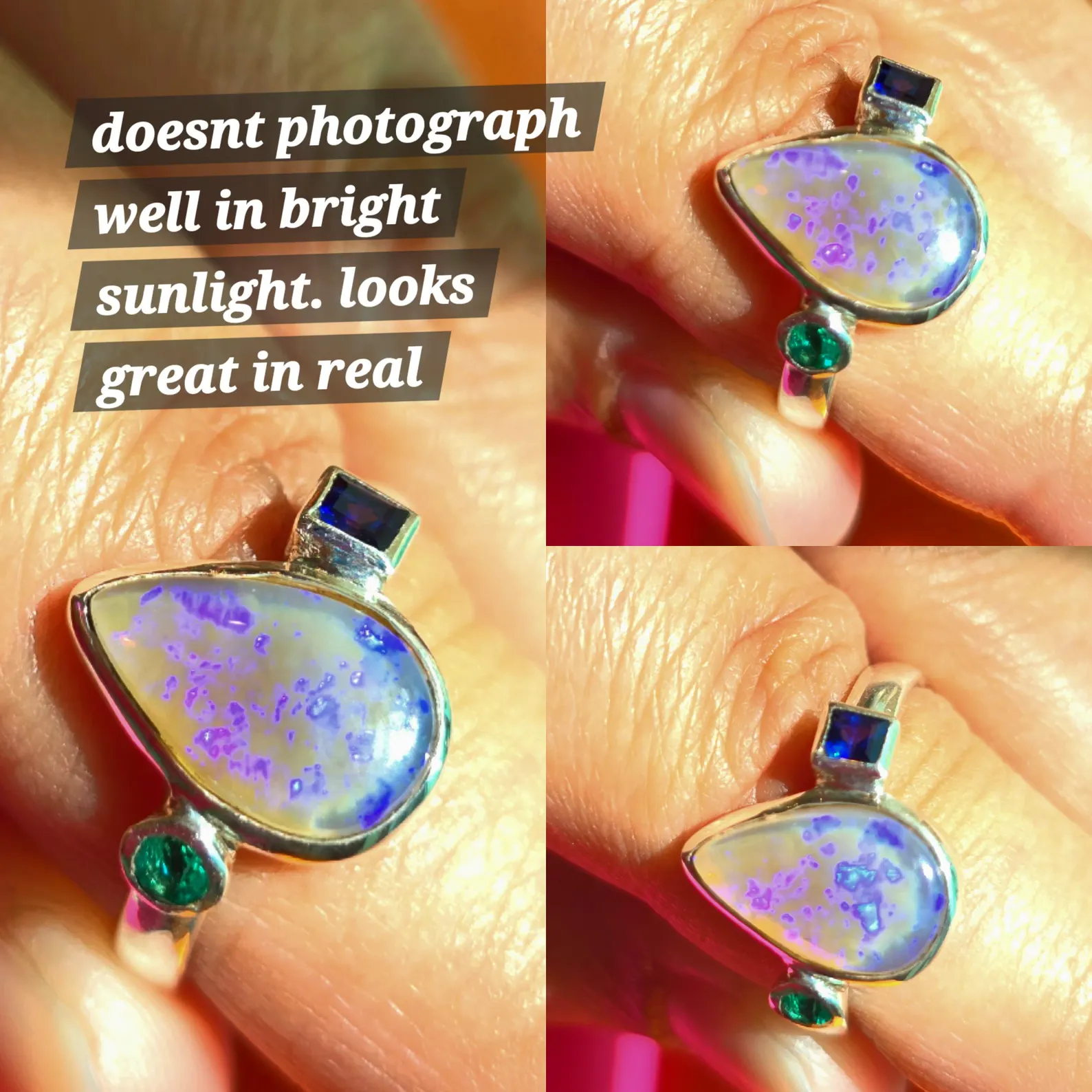 Lavender Opal Ring Sapphire emerald, Australian Opal Ring size 7.75  thumbnail 5
