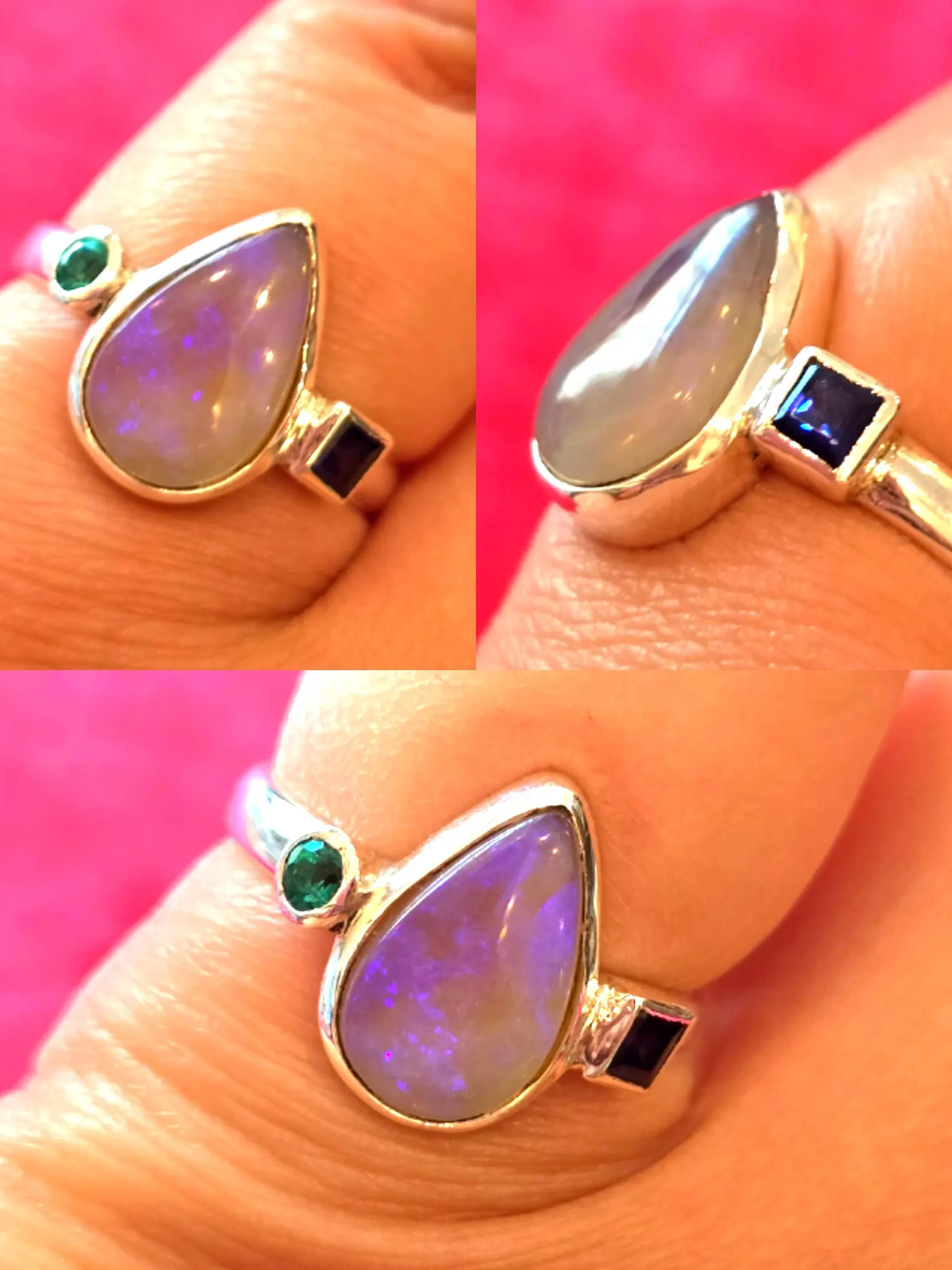 Lavender Opal Ring Sapphire emerald, Australian Opal Ring size 7.75  thumbnail 6