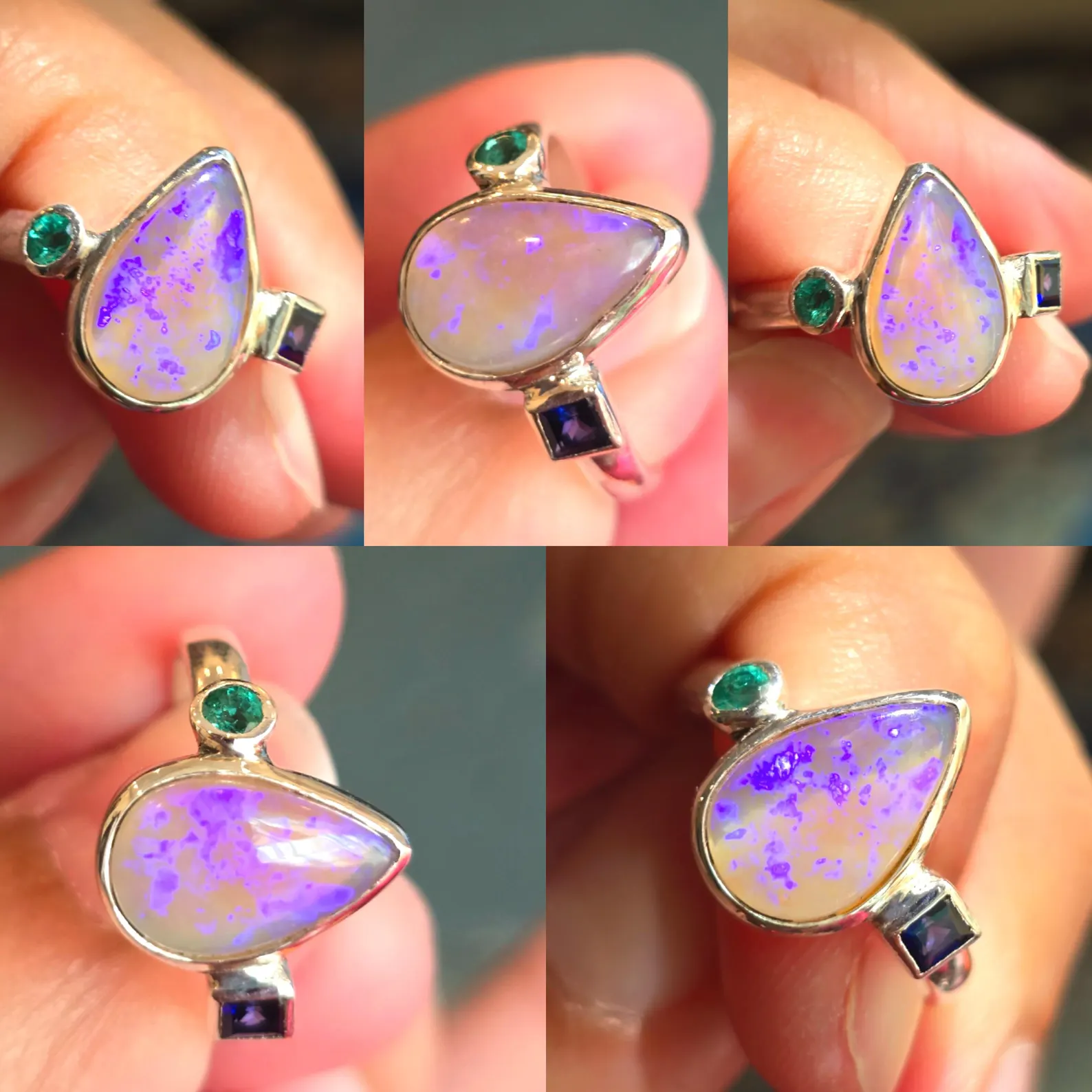 Lavender Opal Ring Sapphire emerald, Australian Opal Ring size 7.75  thumbnail 7