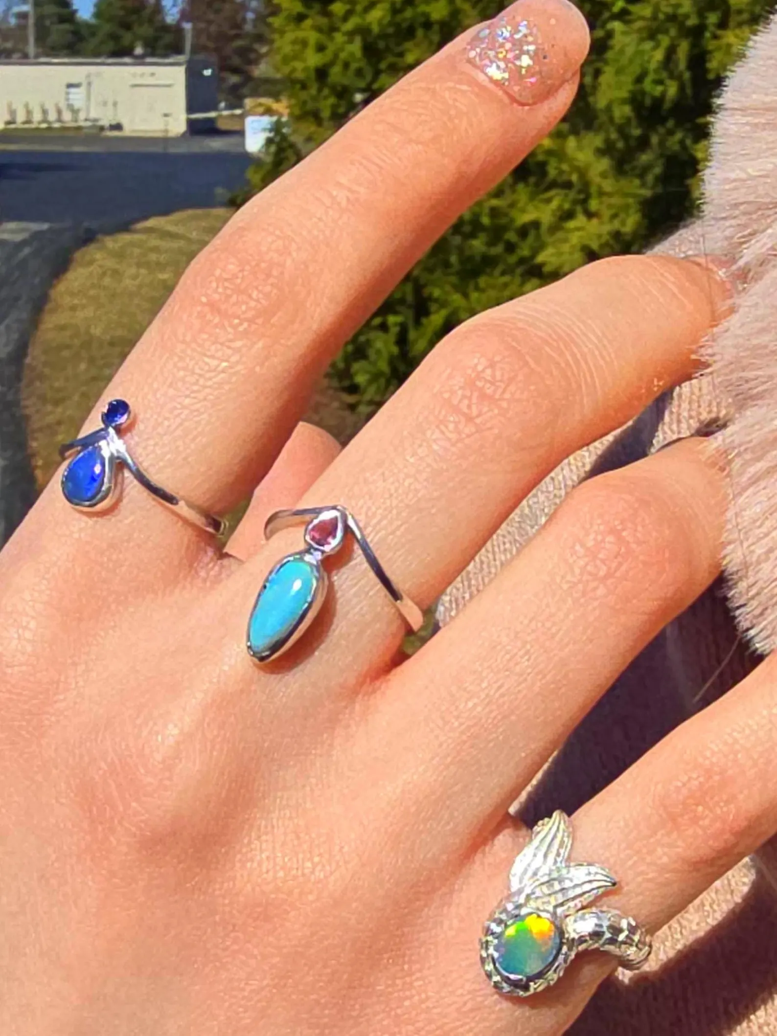 Natural Australian Opal Ring, 925 Silver Tourmaline, Size 6,  thumbnail 3