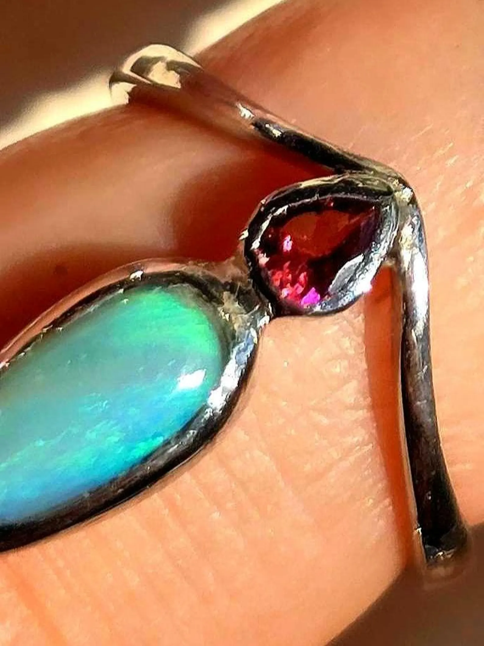 Natural Australian Opal Ring, 925 Silver Tourmaline, Size 6,  thumbnail 4