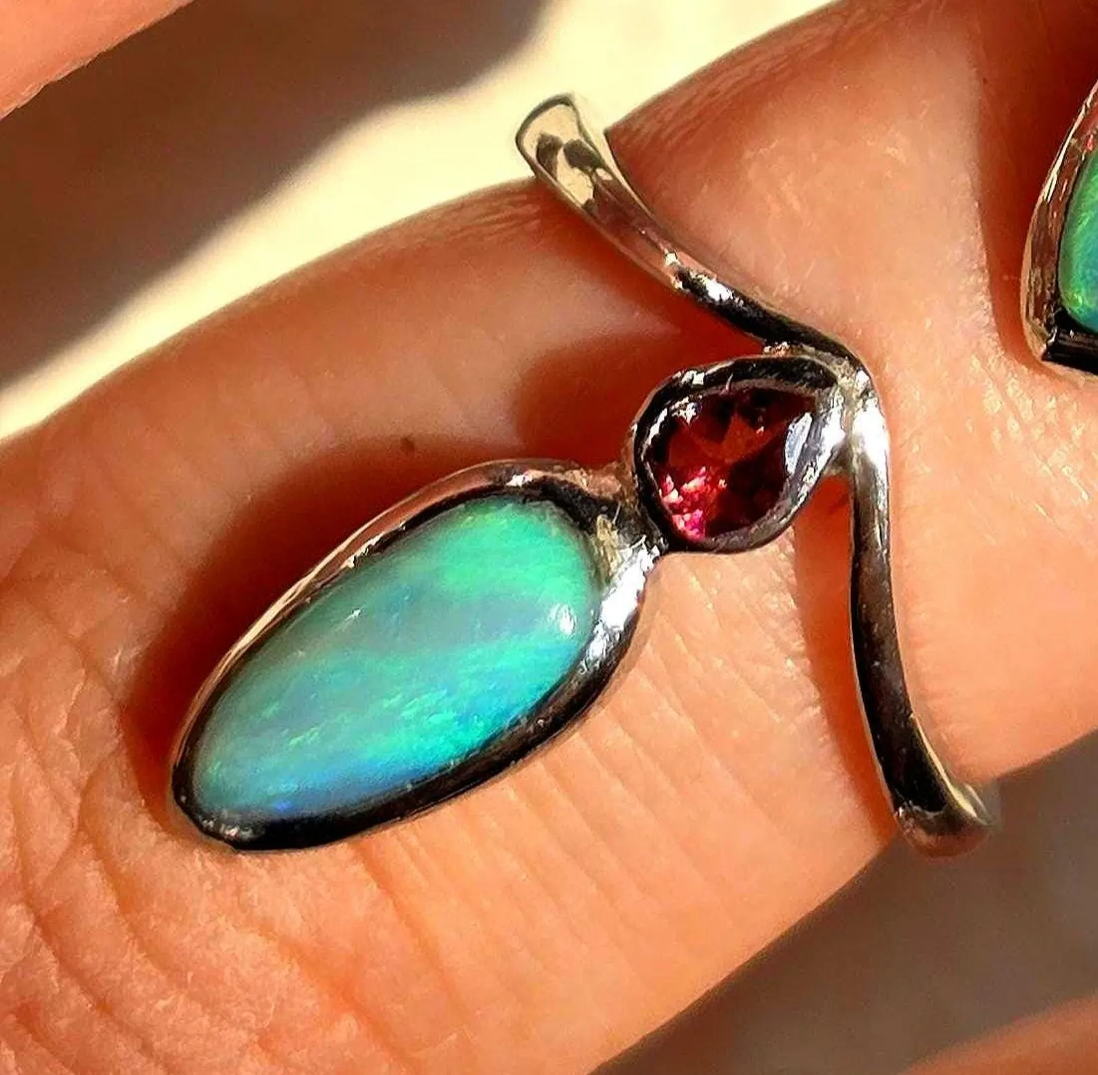 Natural Australian Opal Ring, 925 Silver Tourmaline, Size 6,  thumbnail 5