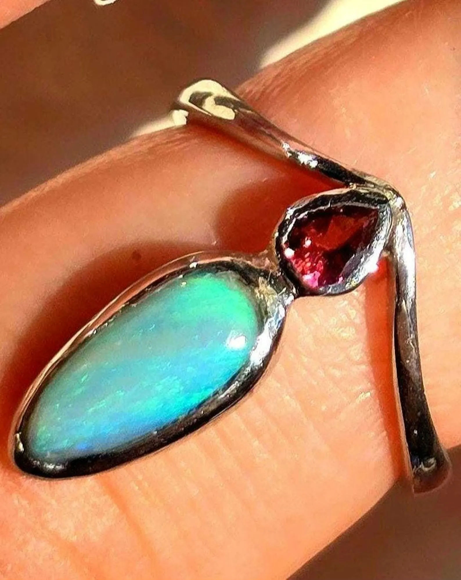 Natural Australian Opal Ring, 925 Silver Tourmaline, Size 6,  thumbnail 7