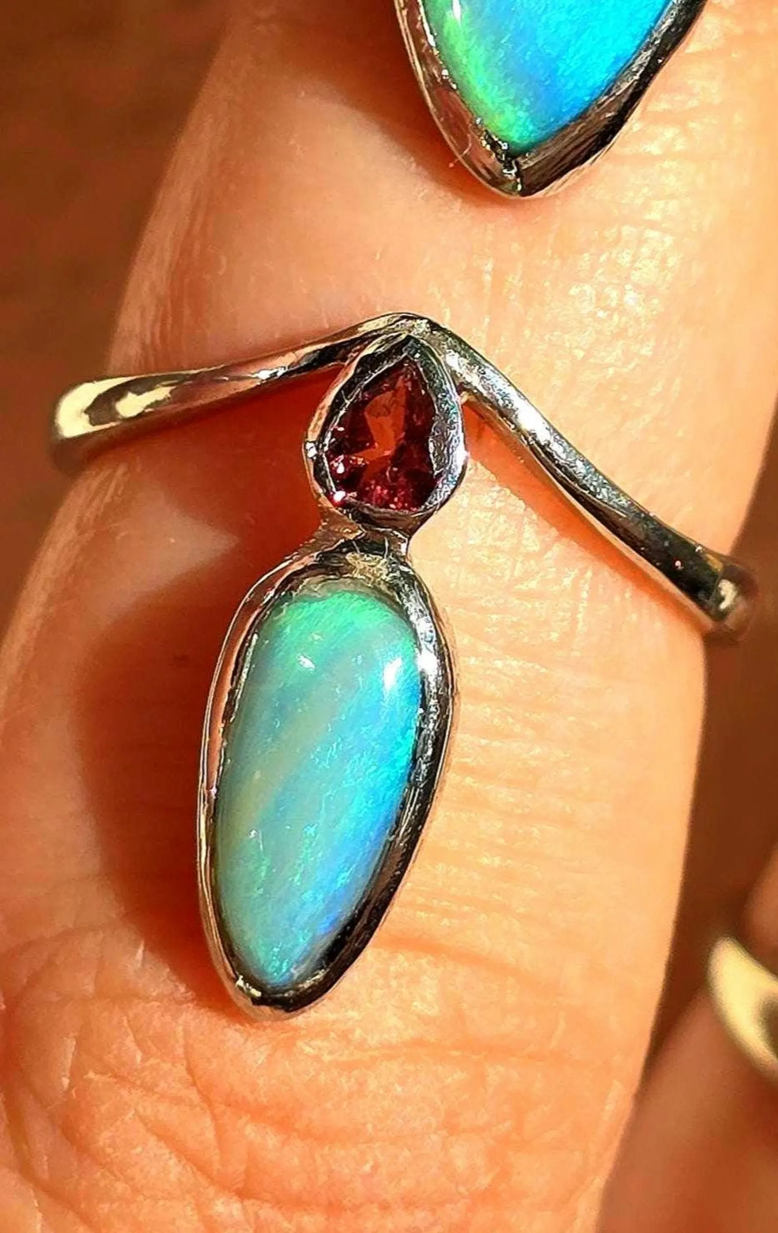 Natural Australian Opal Ring, 925 Silver Tourmaline, Size 6,  thumbnail 9