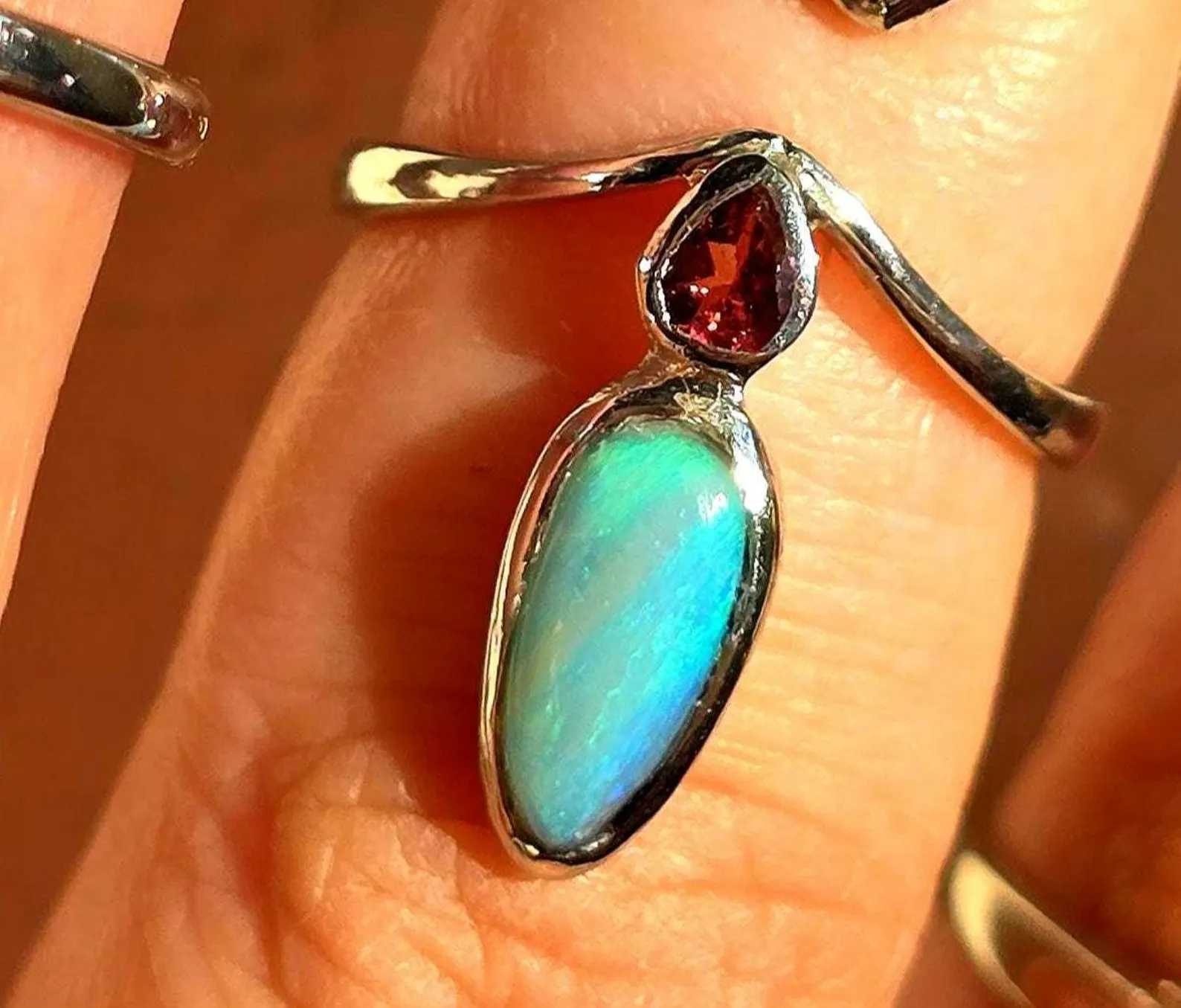 Natural Australian Opal Ring, 925 Silver Tourmaline, Size 6,  thumbnail 11
