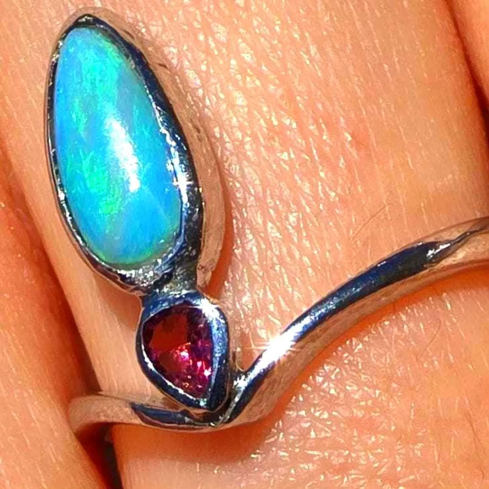 Natural Australian Opal Ring, 925 Silver Tourmaline, Size 6,  thumbnail 16
