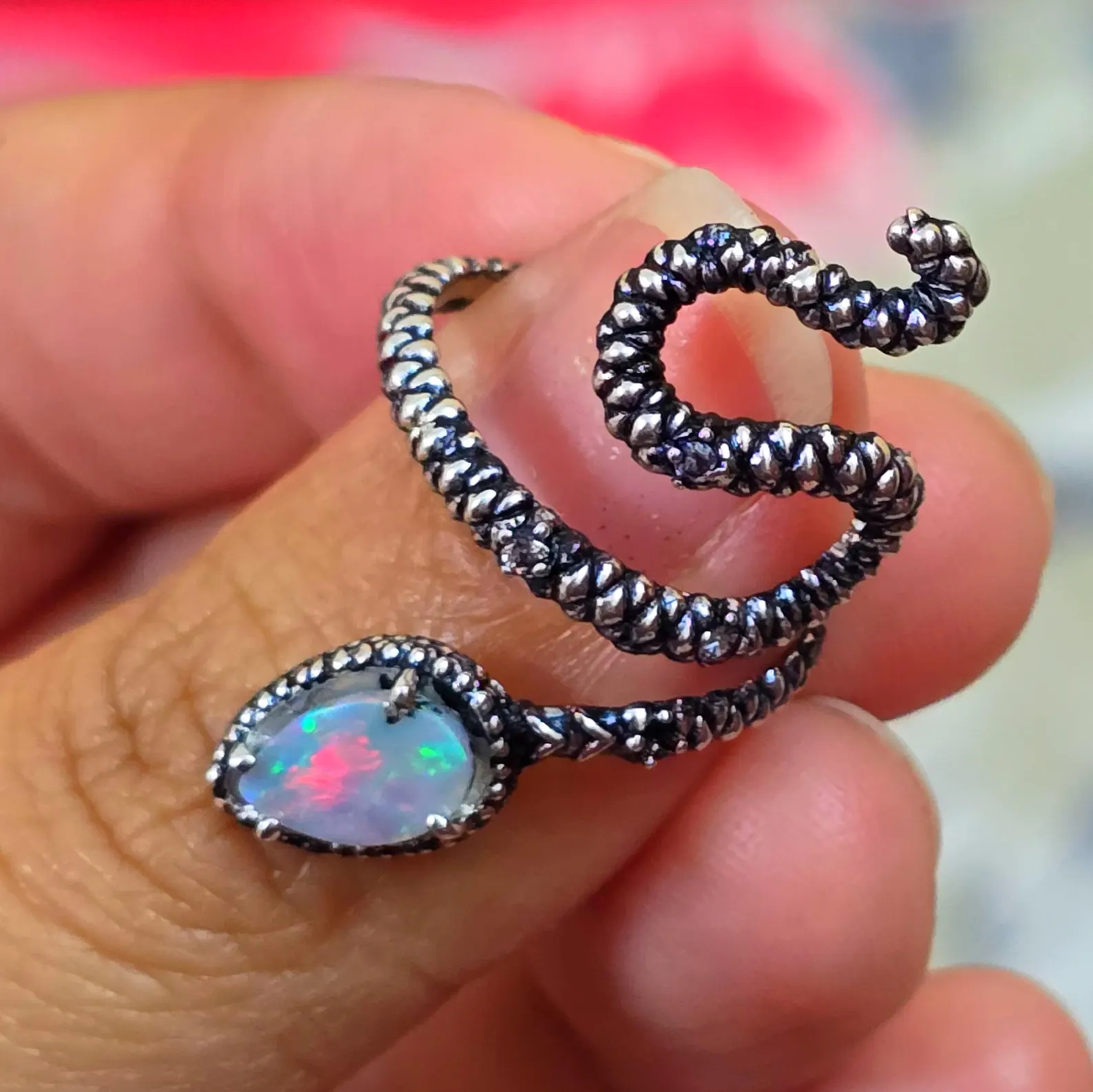 NEON Natural Australian Opal Snake Ring Silver,  thumbnail 7