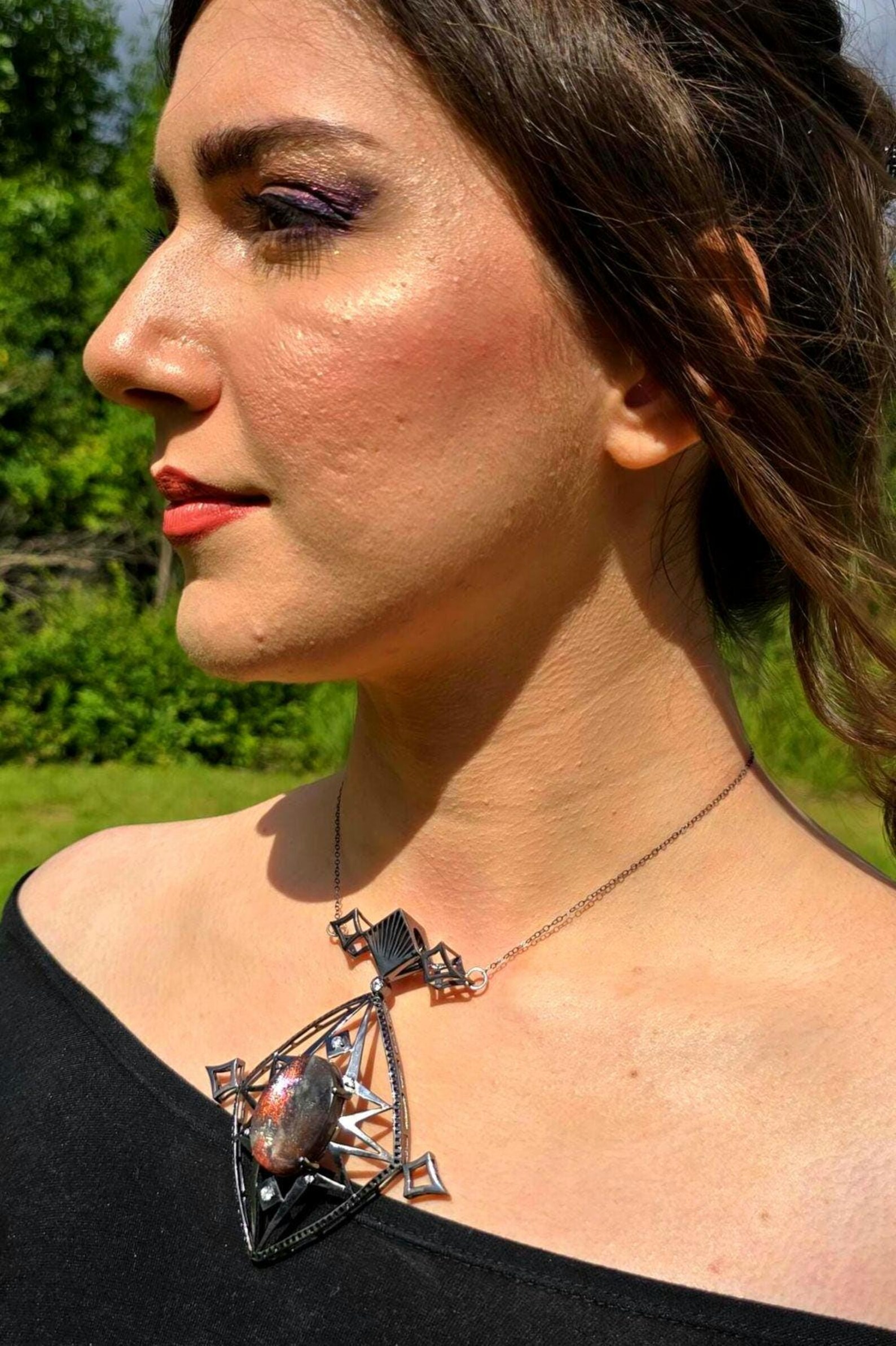 Celestial - Purple haze Sunstone Lattice Pendant 925 Silver Black Rodium plated thumbnail 6